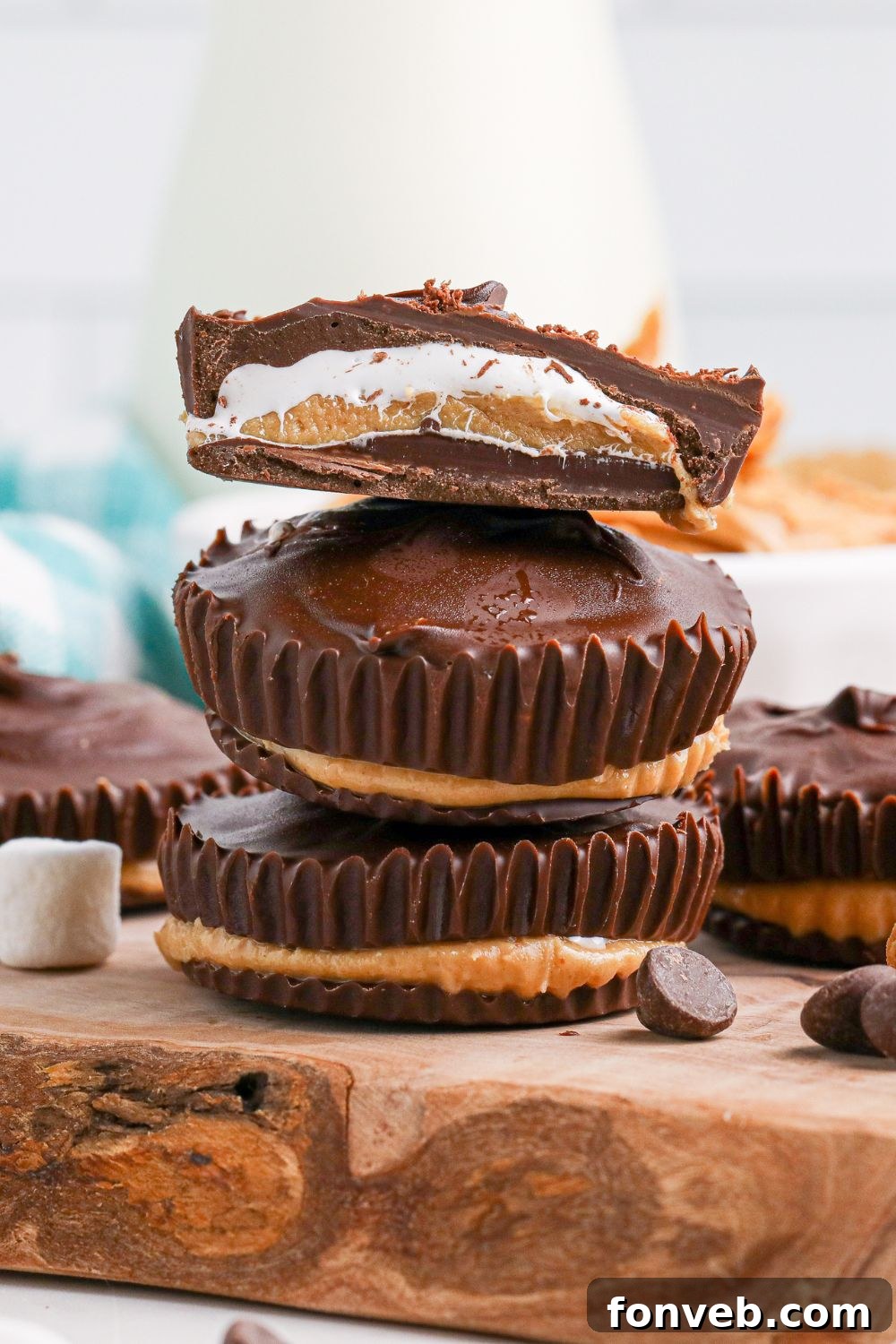 Peanut Butter Fluff Cups 14 Peanut Butter Marshmallow Cups on table stacked on top of each other