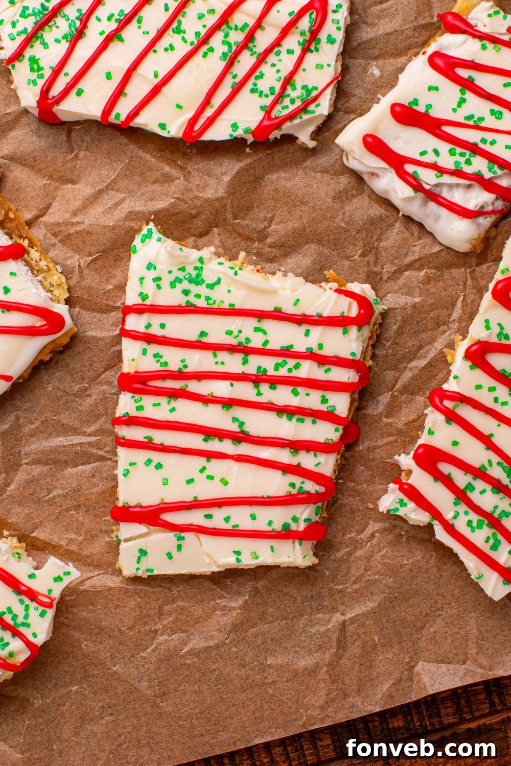 Addictive Little Debbie Christmas Tree Cake Toffee Bark 12 Christmas Tree Crack on parchment paper on table