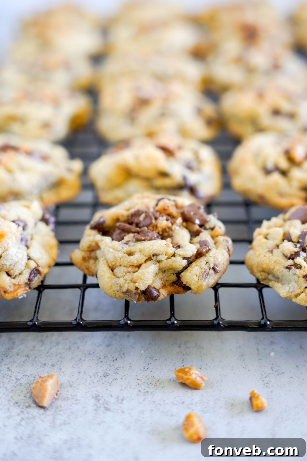 Chocolate Chip Toffee Cookies on cooling rack 