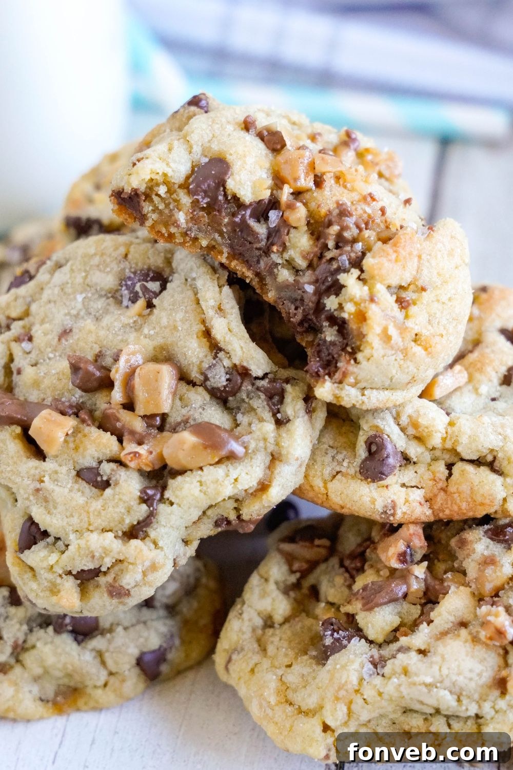 Chocolate Chip Toffee Cookies stacked on top of each other 