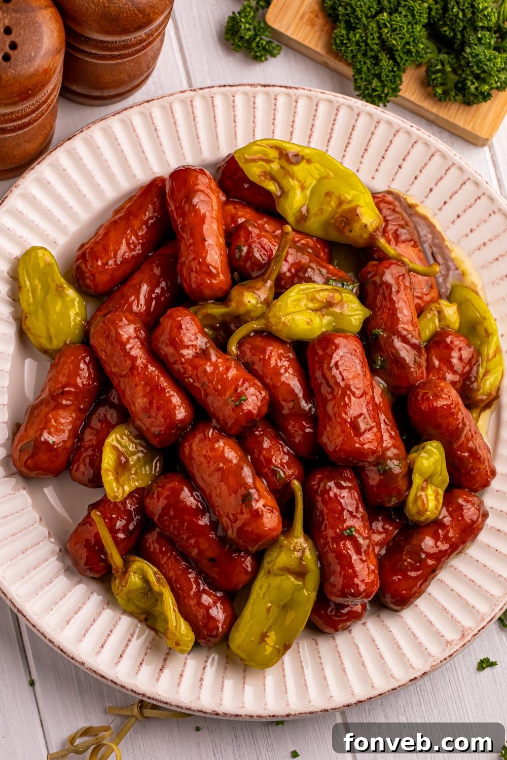 plate with Mississippi Lil Smokies and peppers on it