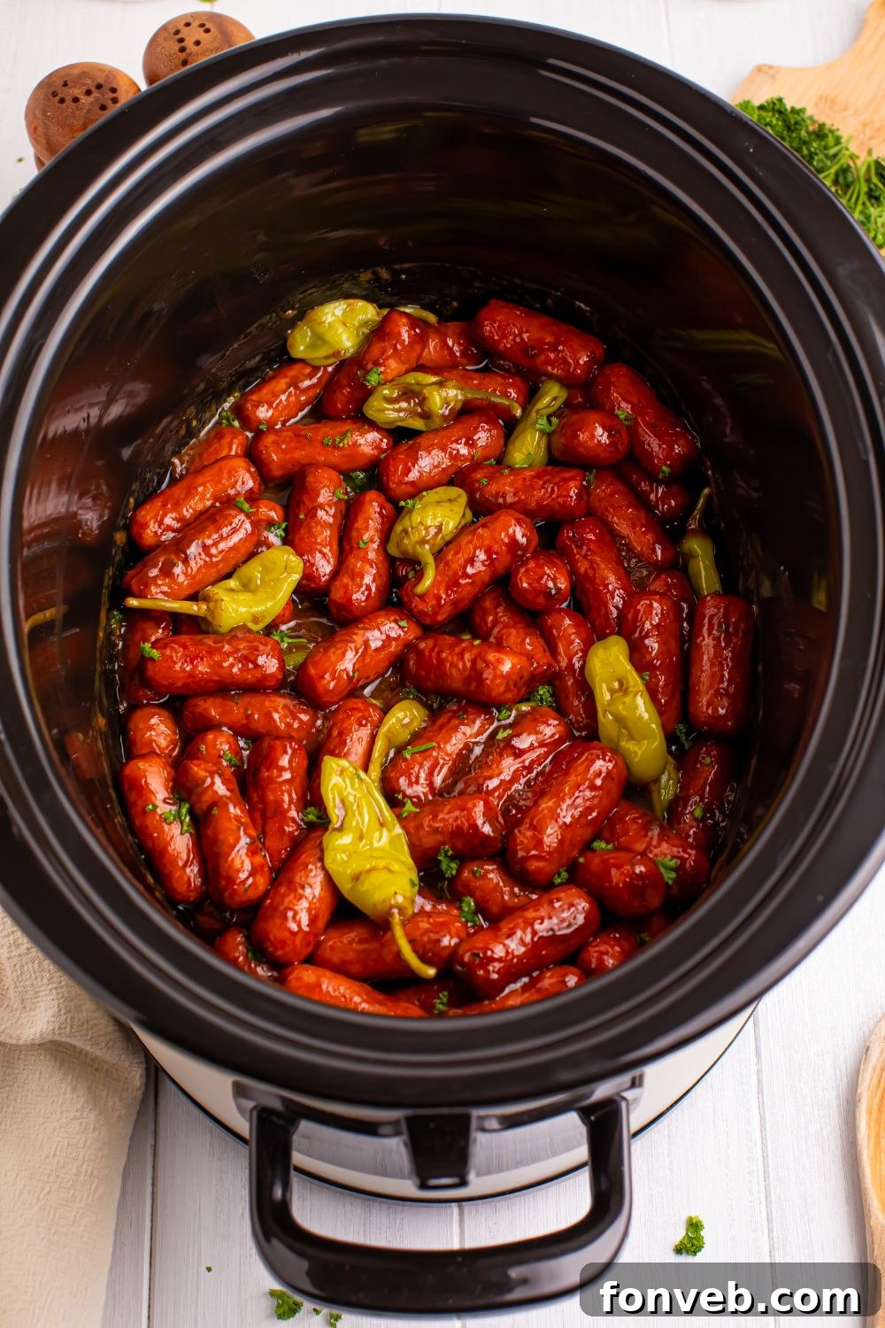 Slow Cooker Mississippi Lil Smokies in a slow cooker sitting on table