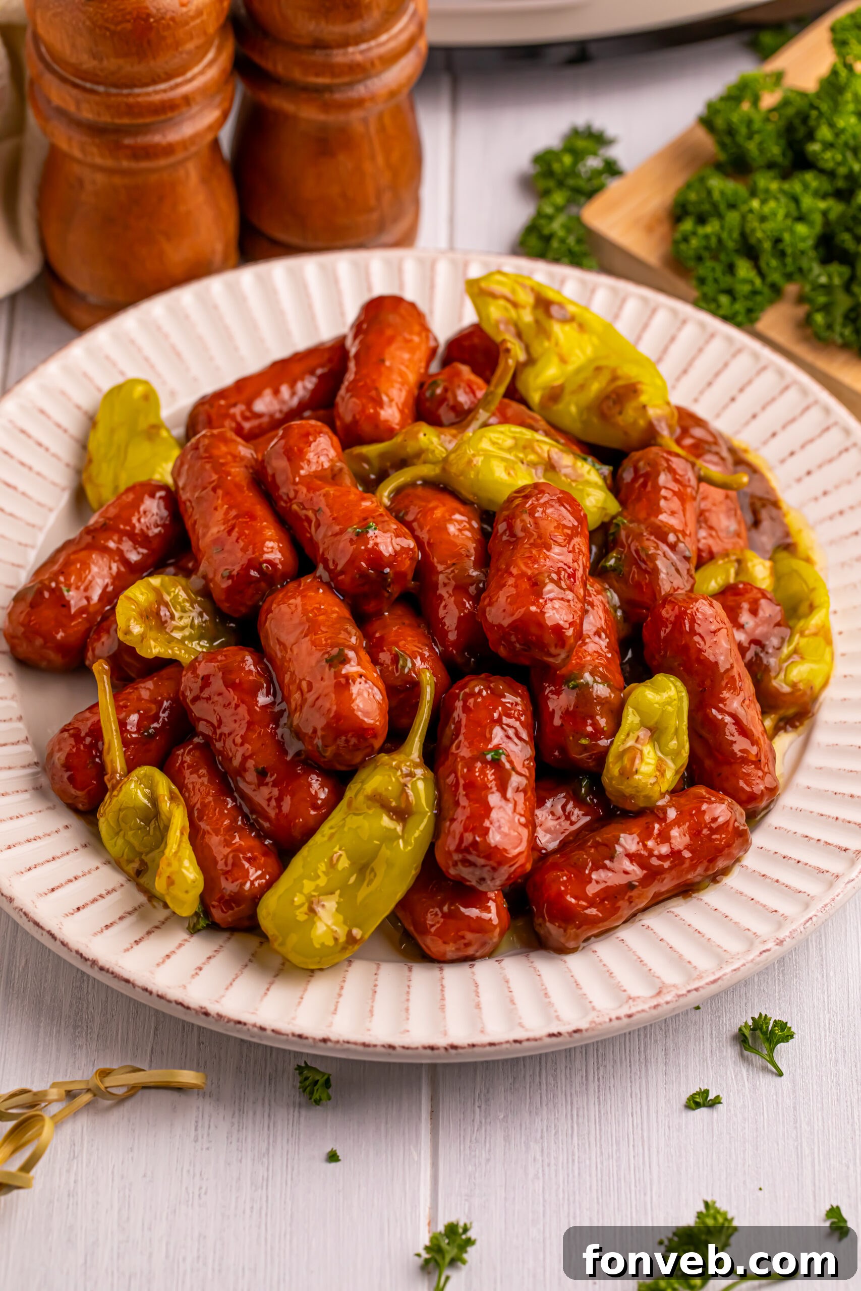 plate with Mississippi Lil Smokies and peppers on it