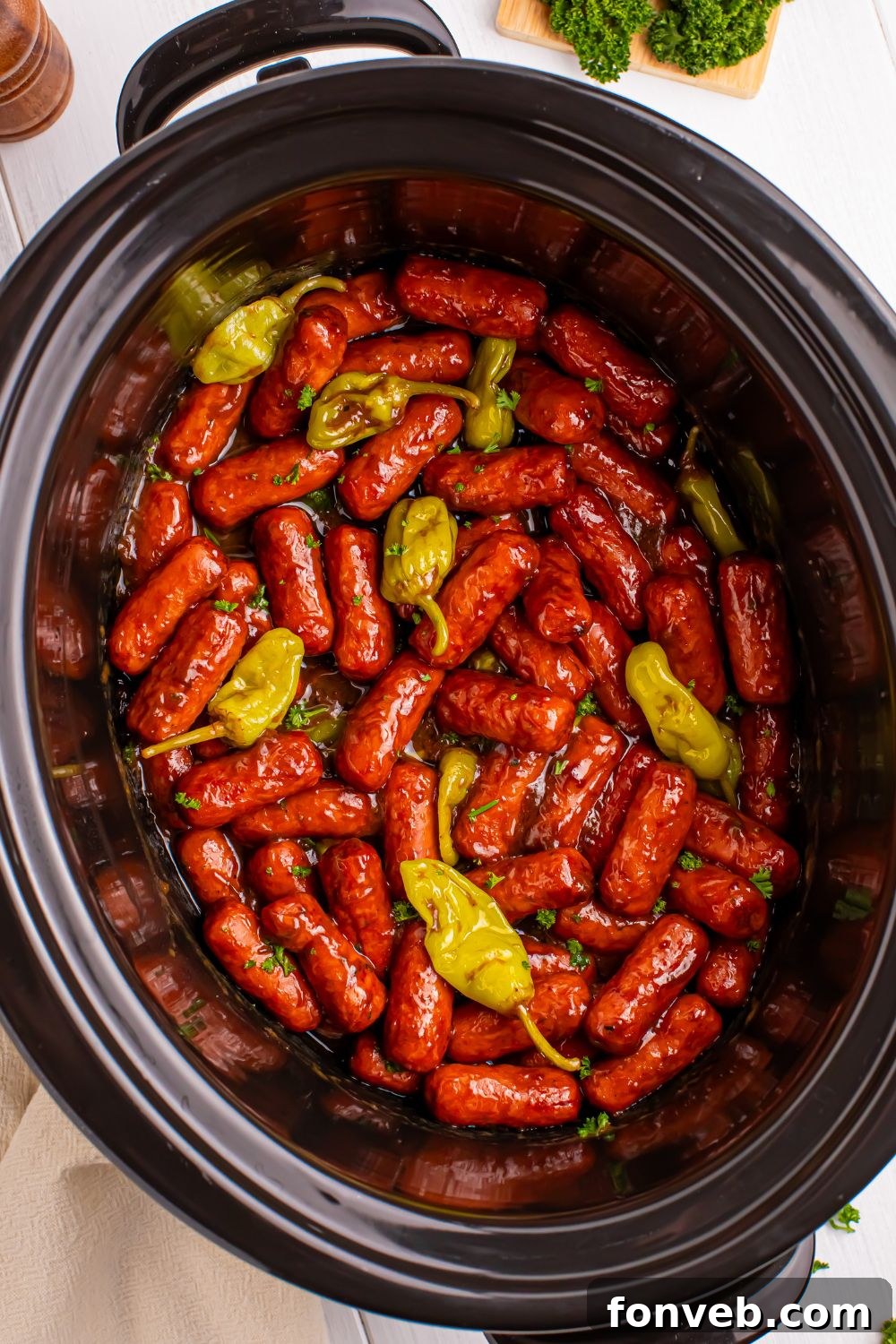 overhead of Slow Cooker Mississippi Lil Smokies on table