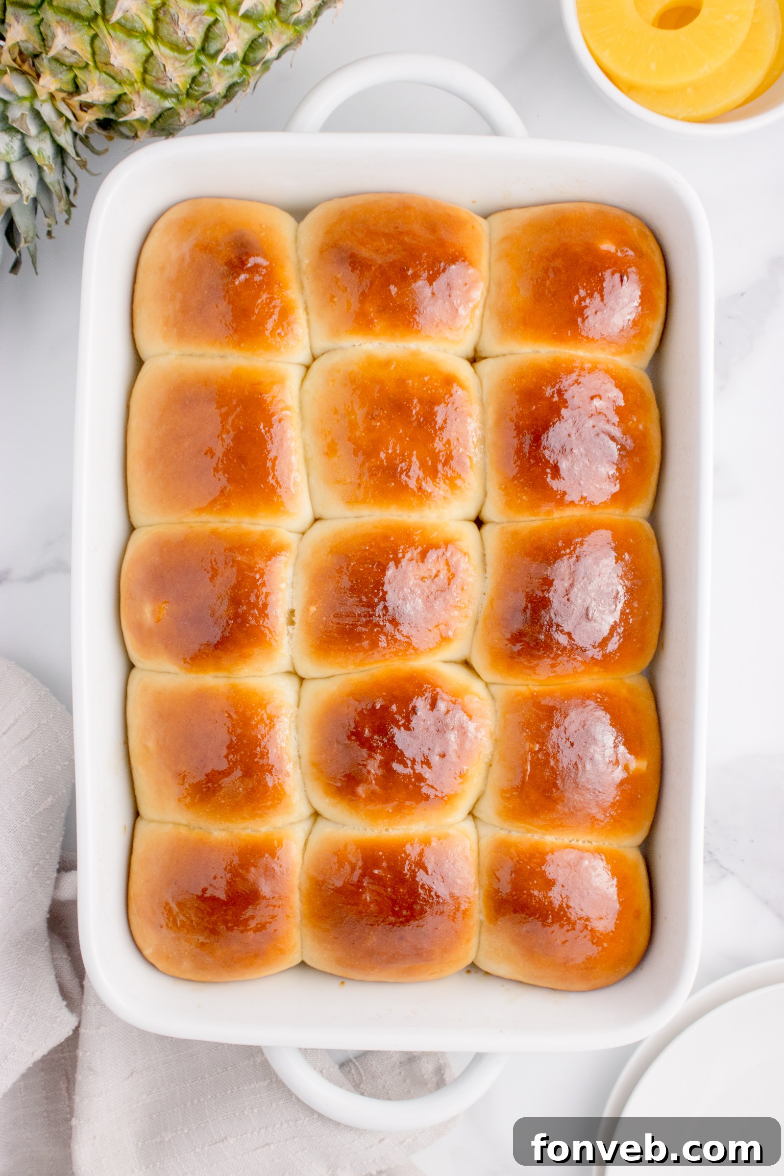 Tropical Dinner Buns 6 over head shot of my Hawaiian dinner rolls in a baking dish
