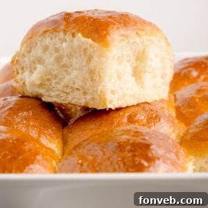 Pull Apart Dinner Rolls in a pan with one sitting on top to see how fluffy it is