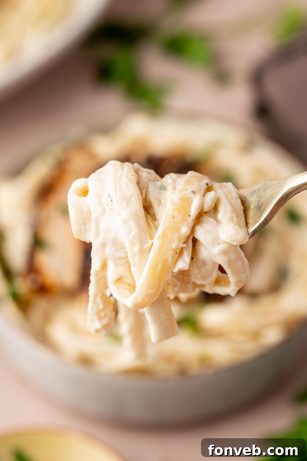 Cajun Chicken Alfredo 16 fettuccine noodles swirled on a fork above a bowl of pasta