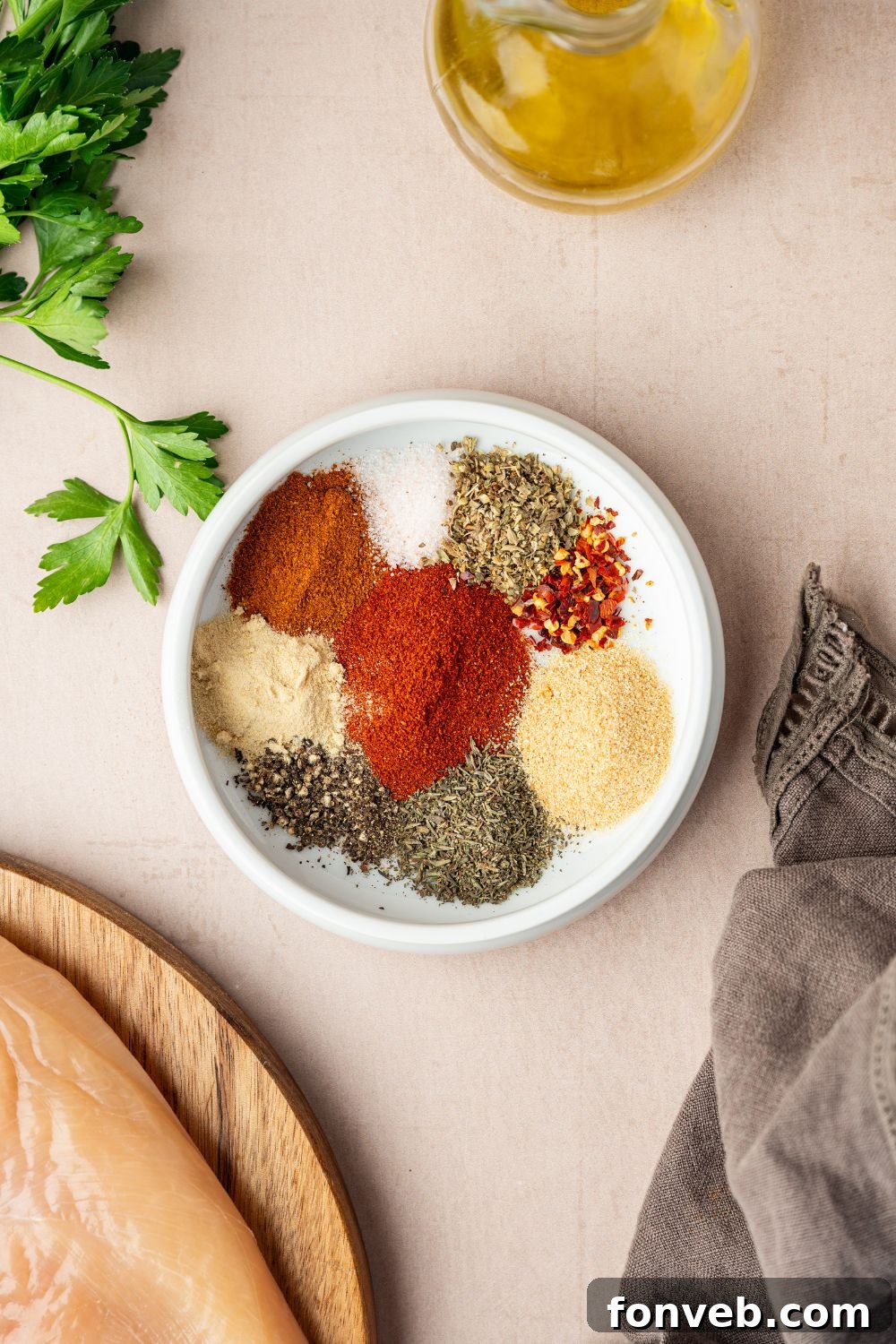 Cajun Chicken Alfredo 7 spices in a small plate sitting on table for a blackened seasoning blend