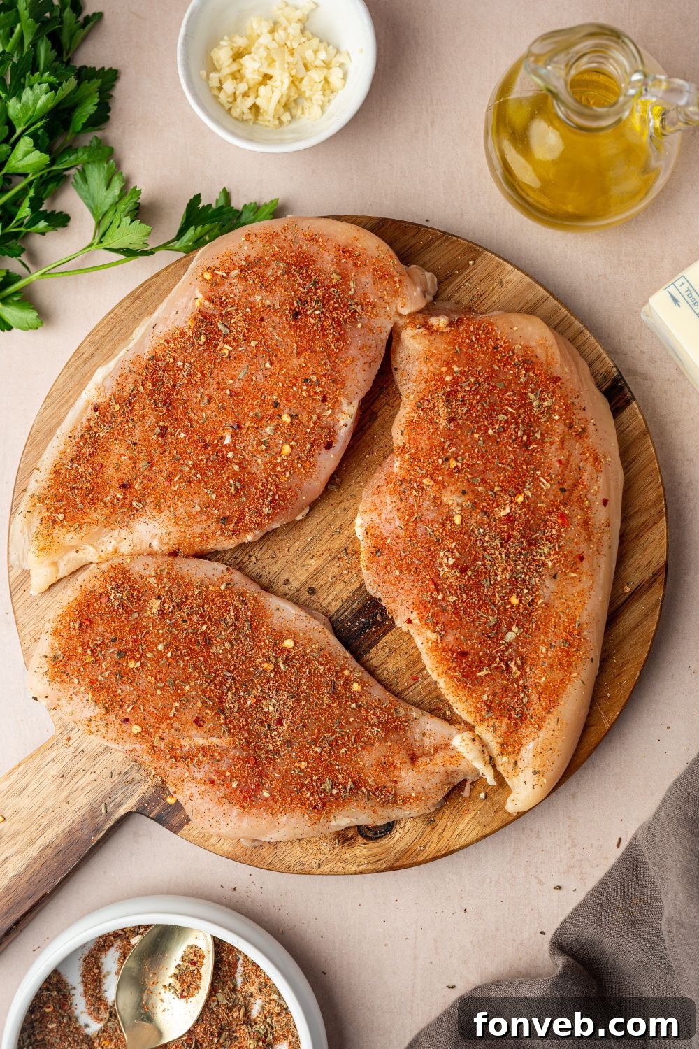 Cajun Chicken Alfredo 8 raw chicken breasts that are seasoned with blackened seasoning sitting on a cutting board