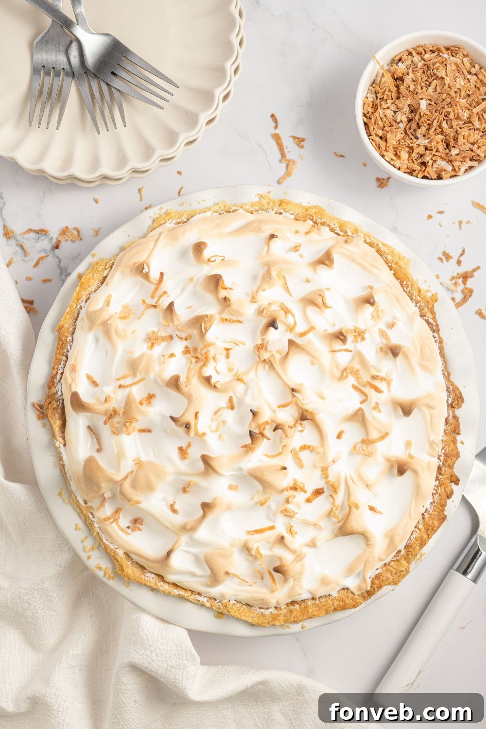 overhead Coconut Meringue Pie on table with toasted coconut around it on table