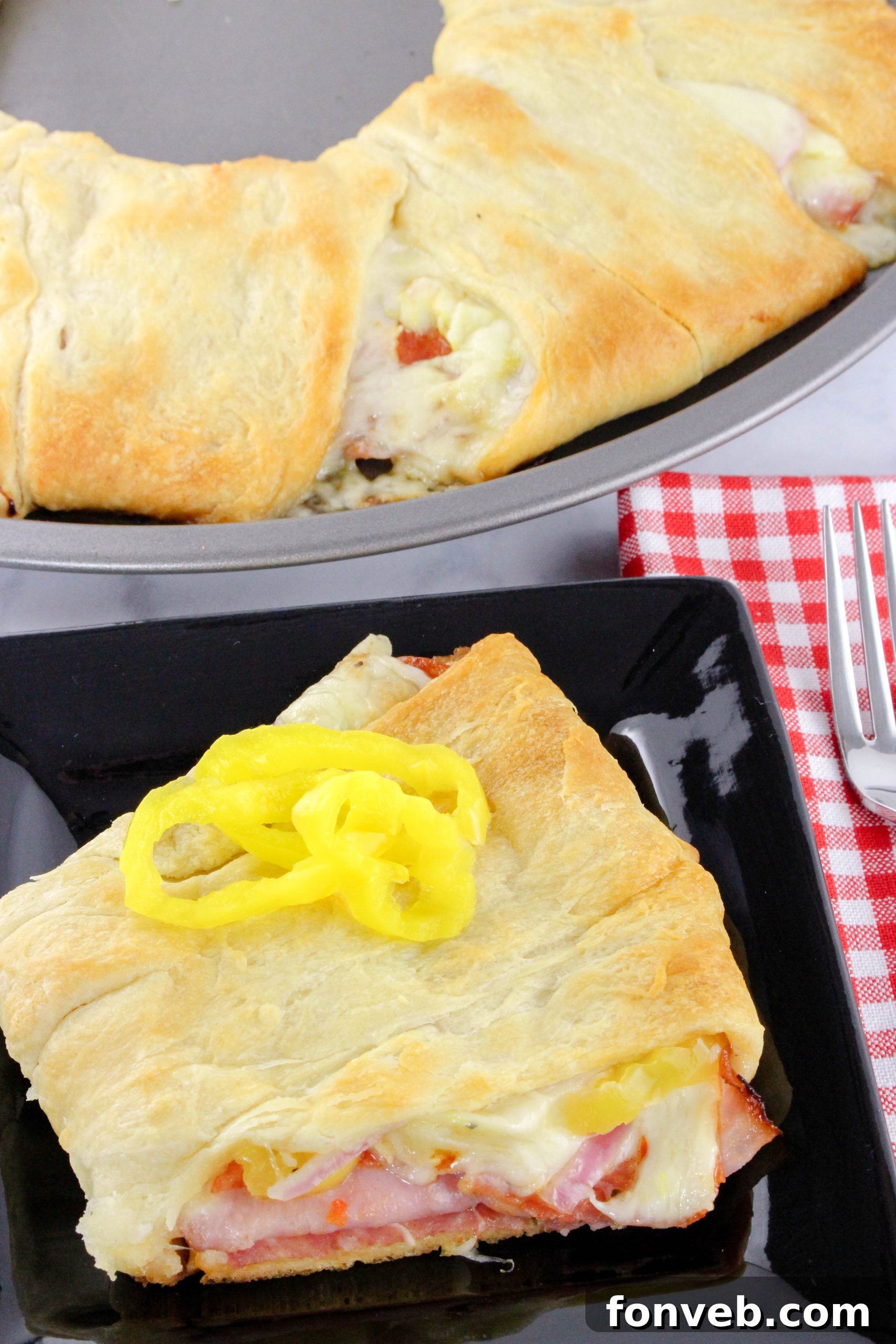 Italian Sub Crescent Bake 7 Provolone cheese melting over Italian meats in a crescent ring