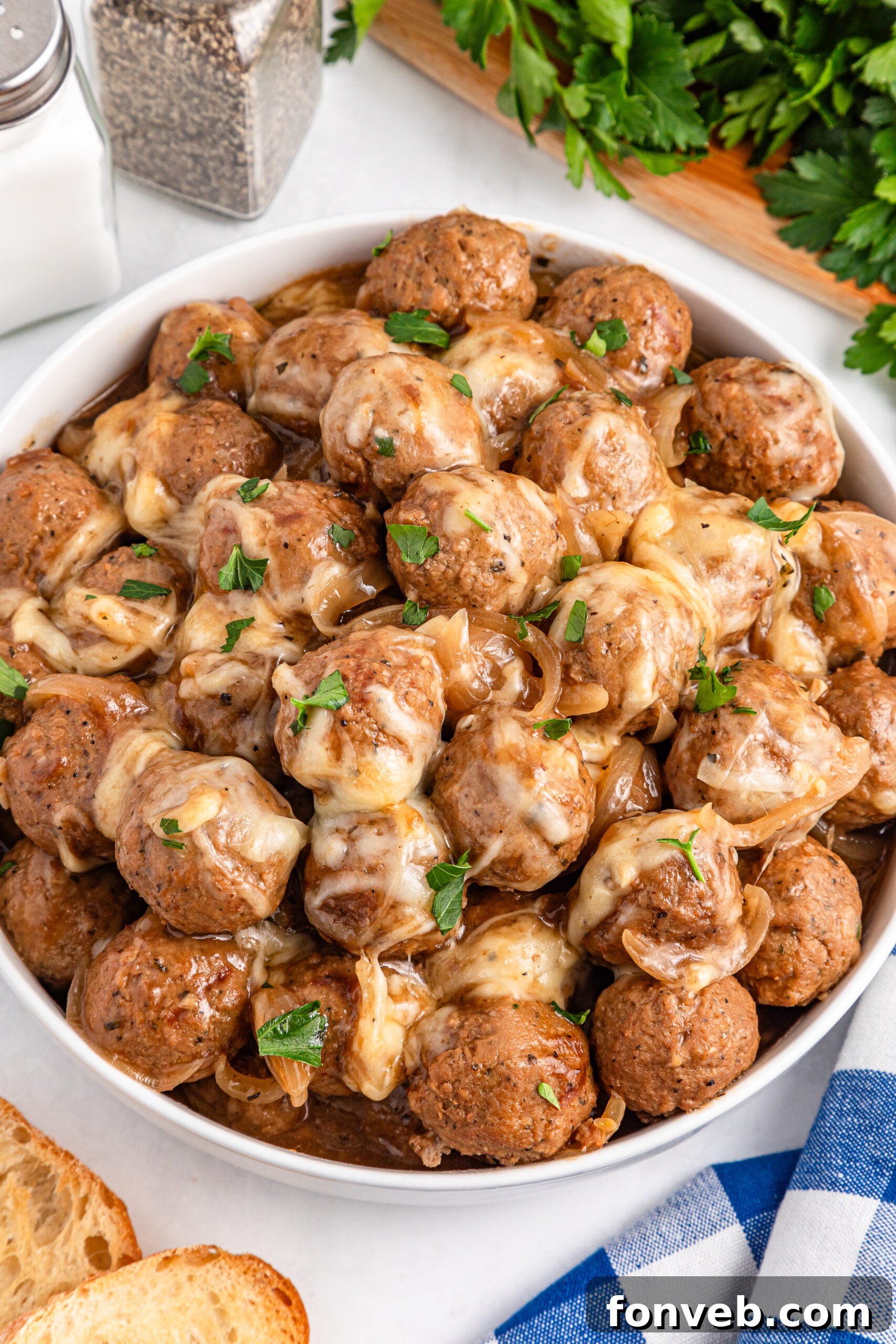 Crock Pot French Onion Meatballs in a white bowl