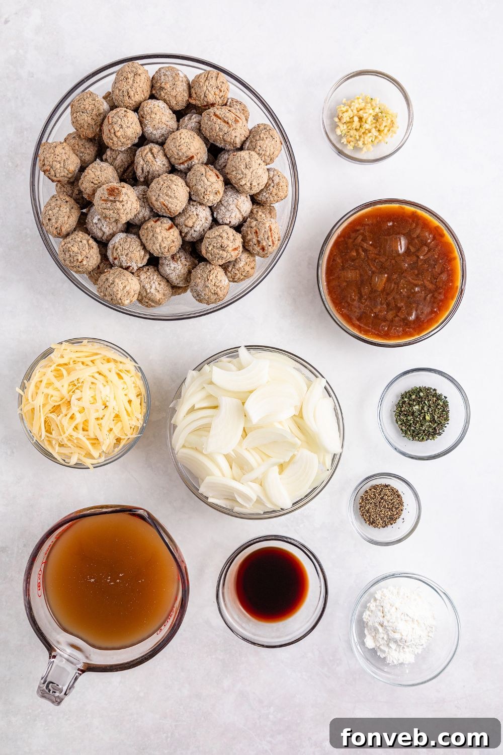 ingredients for the Crock Pot French Onion Meatballs in single serve containers 