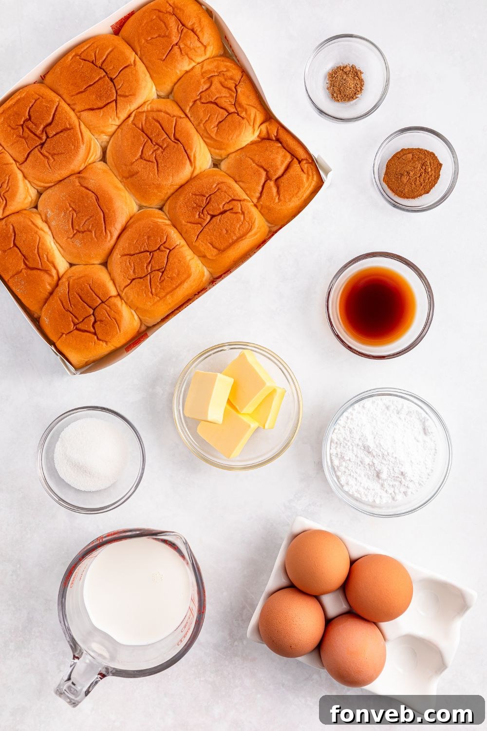 Hawaiian Roll French Toast ingredients sitting on white table 