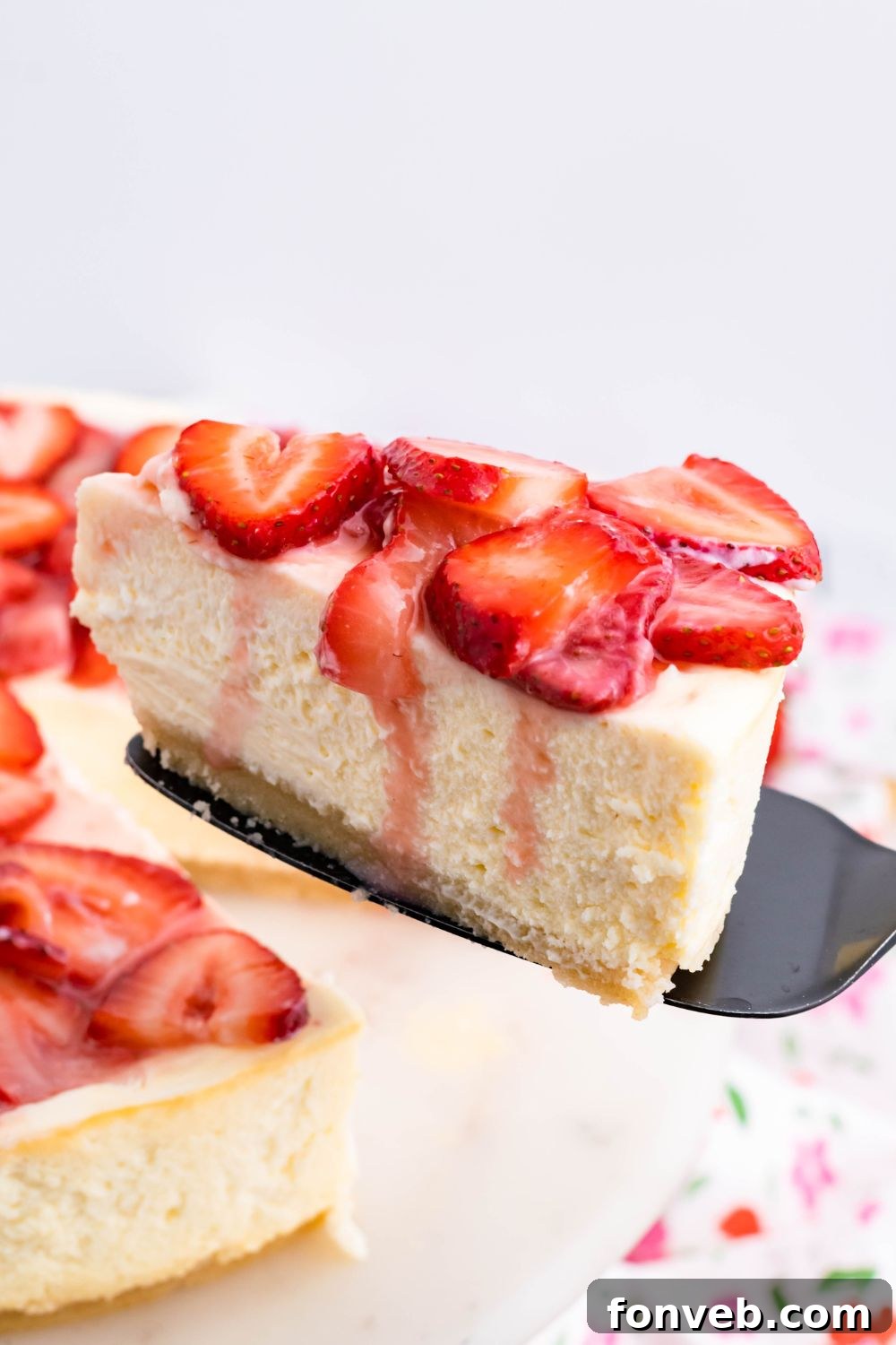 Keto Cheesecake with a slice being lifted off plate with a spatula 