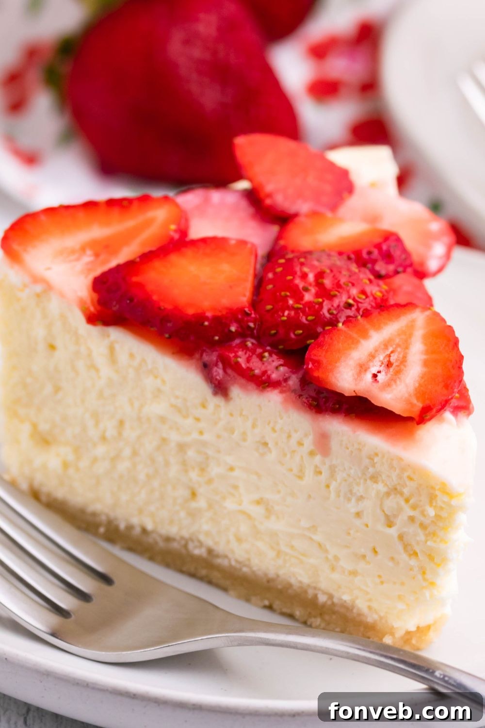 Keto Cheesecake on a plate topped with fresh strawberries 
