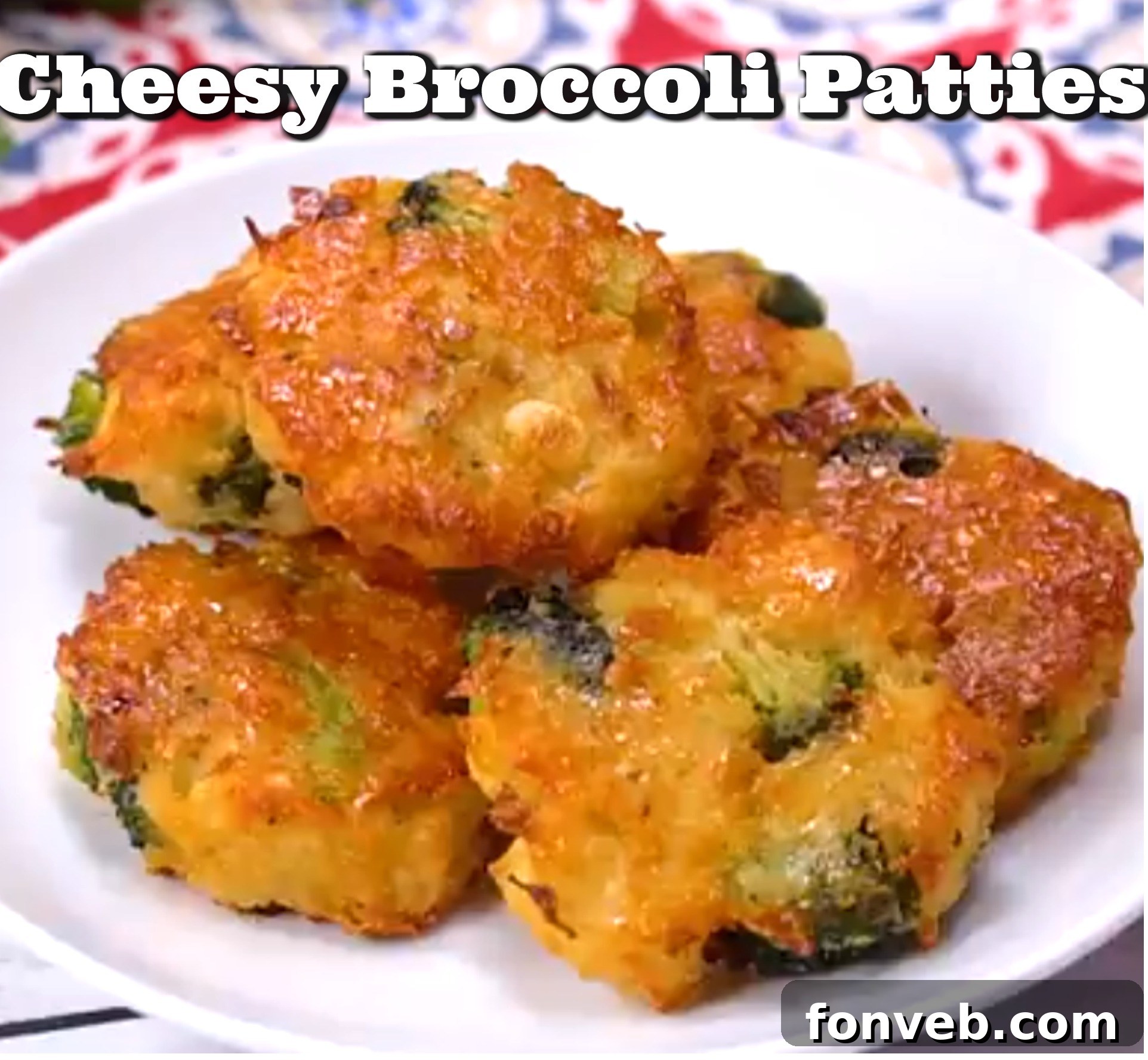 Freshly baked cheesy broccoli patties, golden and crispy, on a baking sheet
