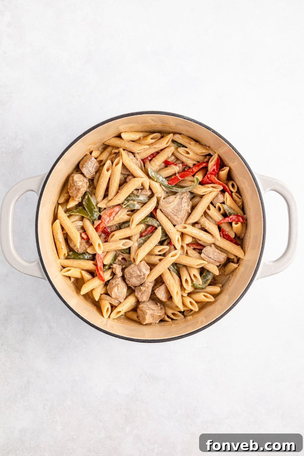 Reggae Ragu 15 cooked Rasta Pasta in a stockpot on table
