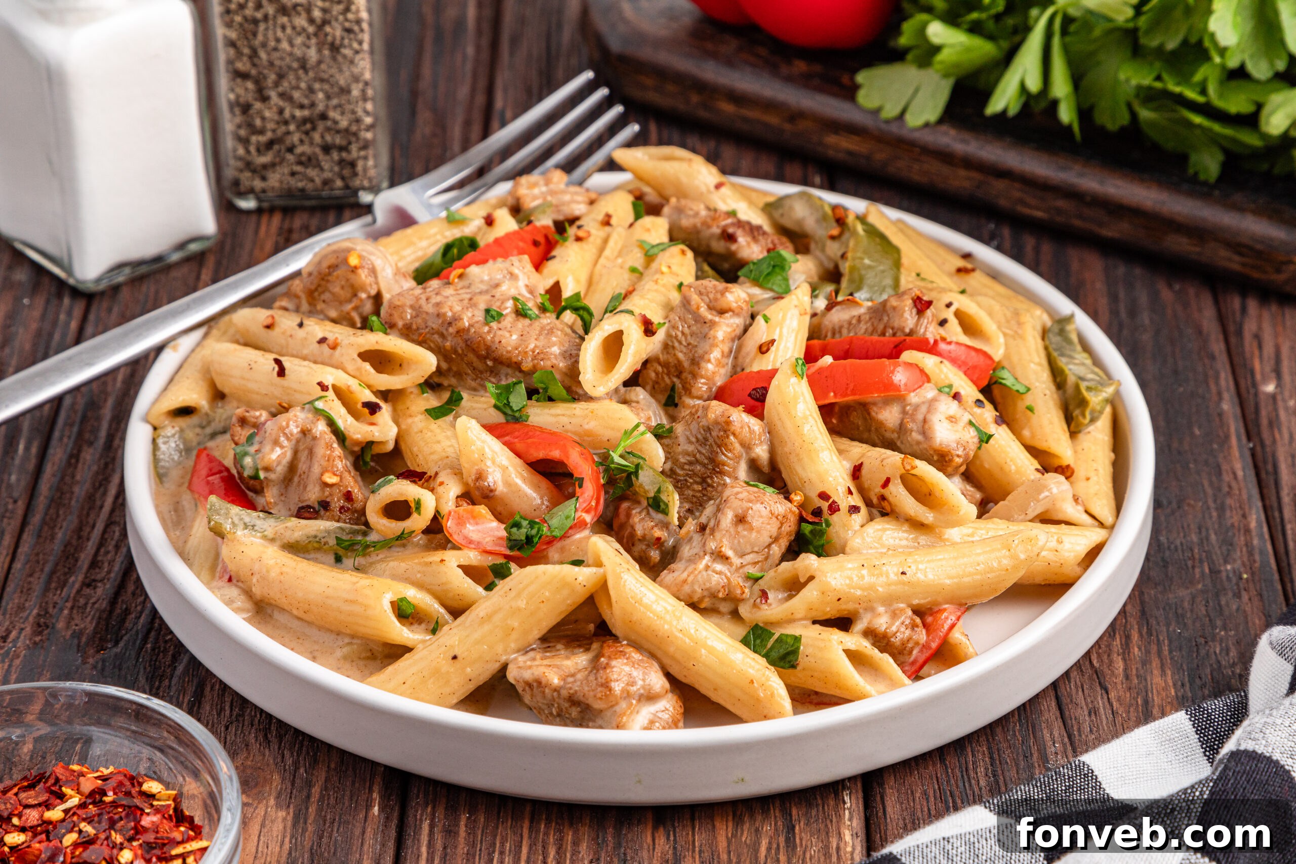 Reggae Ragu 3 Rasta Pasta on a white plate on a dark wooden table