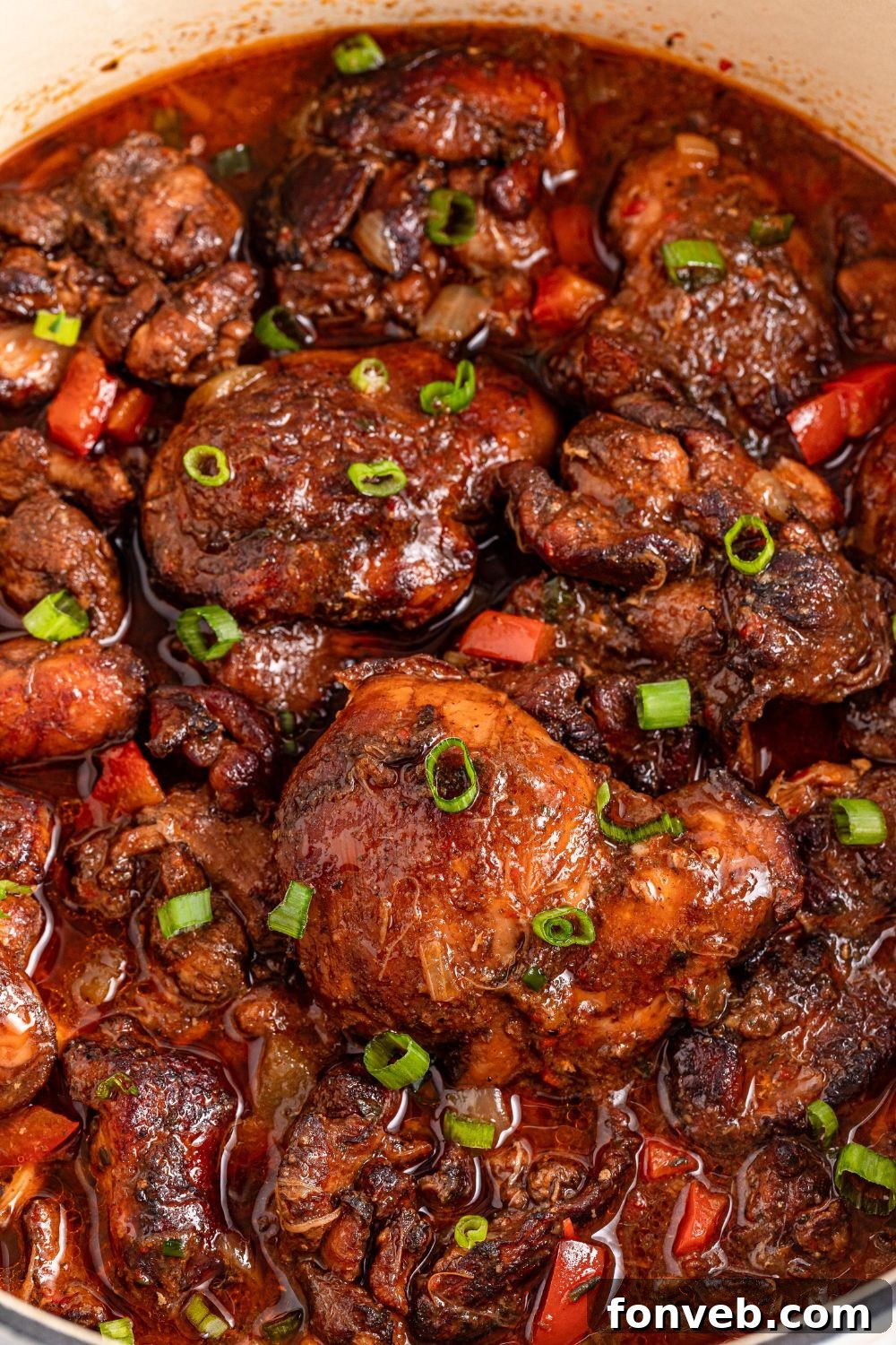 close up of Jamaican Brown Stew Chicken in pot