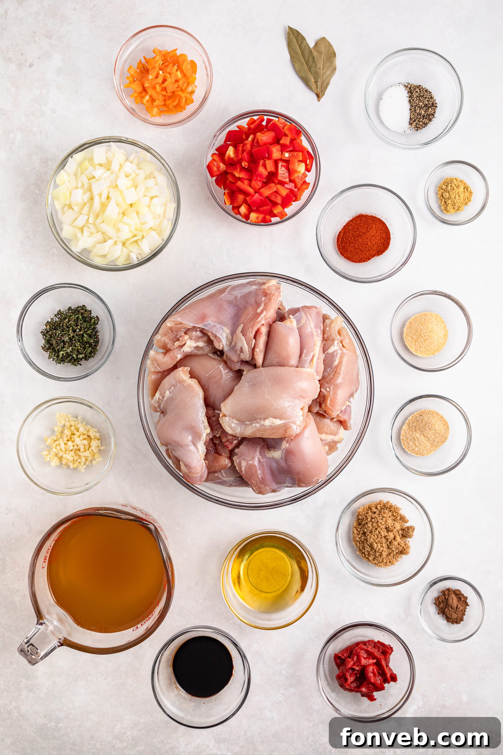 Jamaican Brown Stew Chicken ingredients laid out 