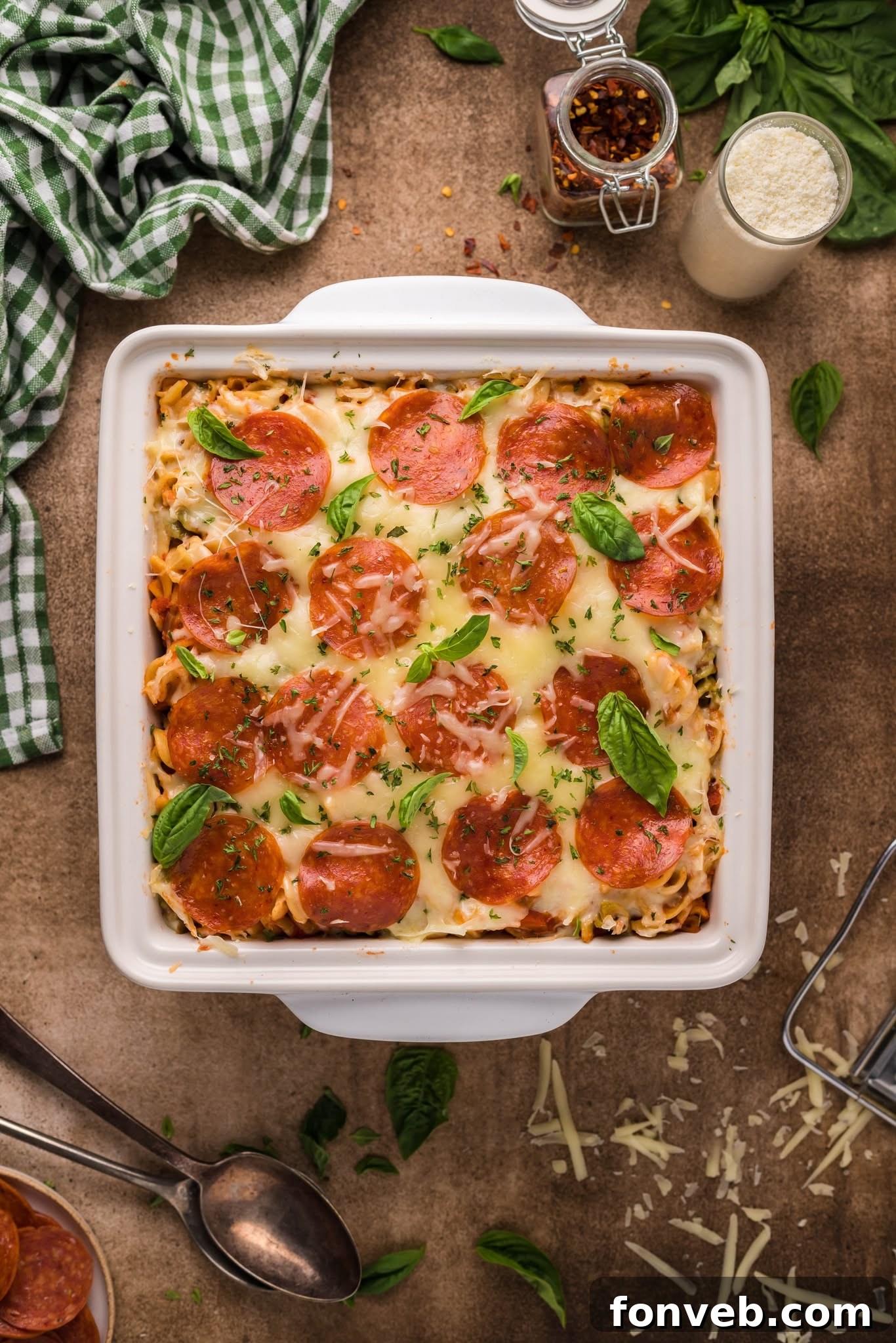 Cheesy TikTok Pizza Pasta Bake 3 overhead shot of the Tik Tok Pizza Pasta Casserole in a white baking pan