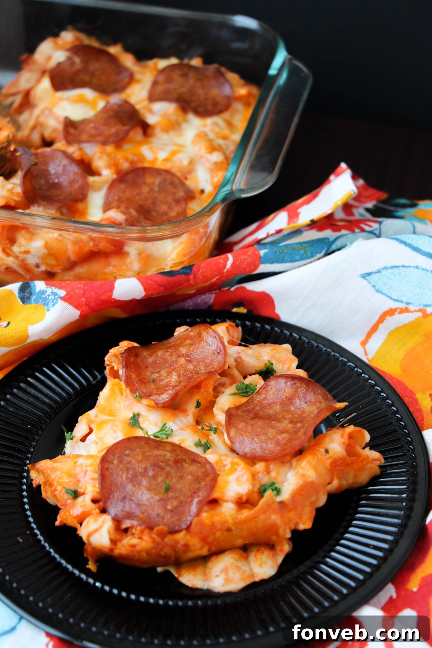 Cooked pasta and ground beef mixture ready for assembly in the Pepperoni Pizza Pasta Bake
