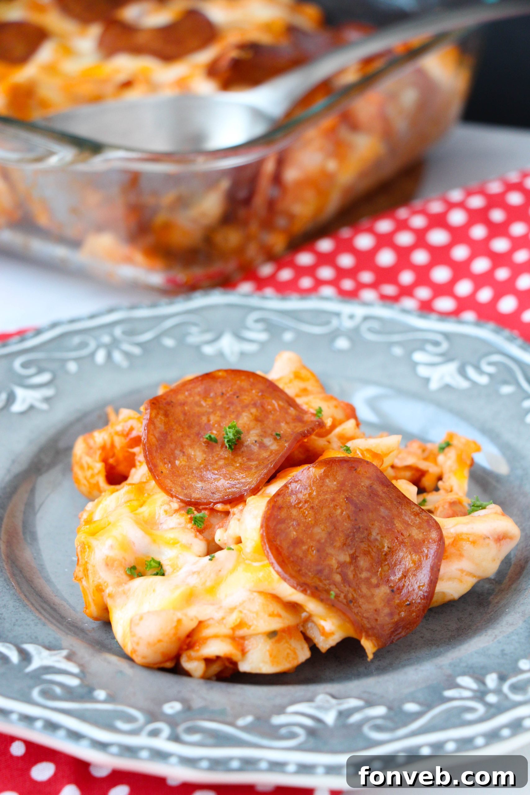 Baked Pepperoni Pizza Pasta Bake in a casserole dish, fresh and hot from the oven