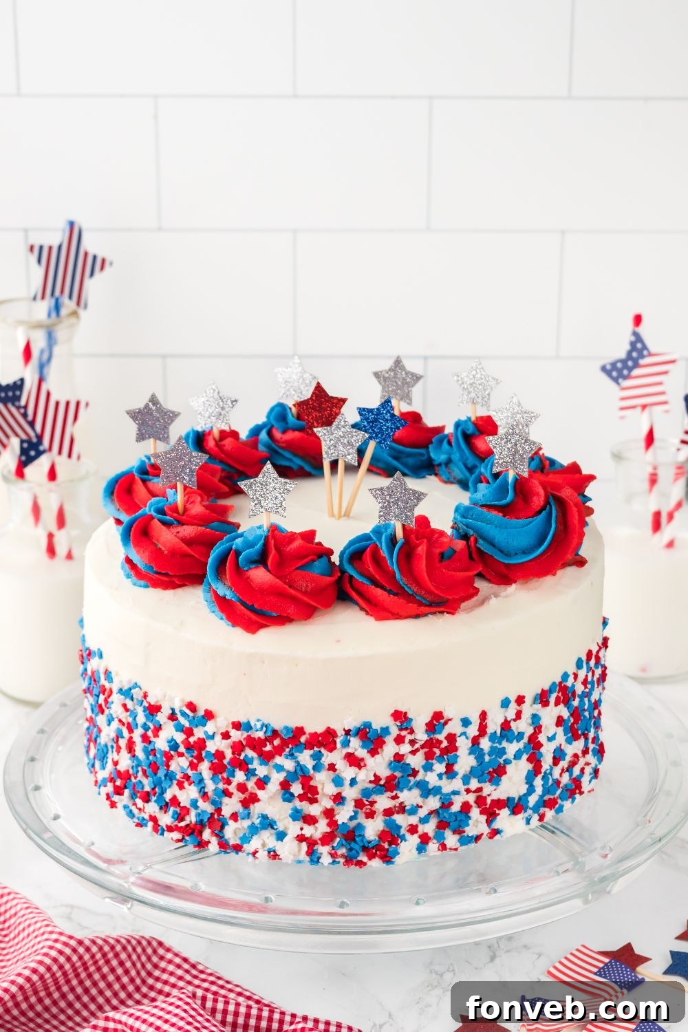 American Flag Cake on 
 cake plate on table 