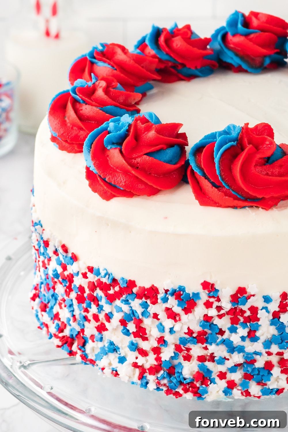 Red white and blue cake on plate on table