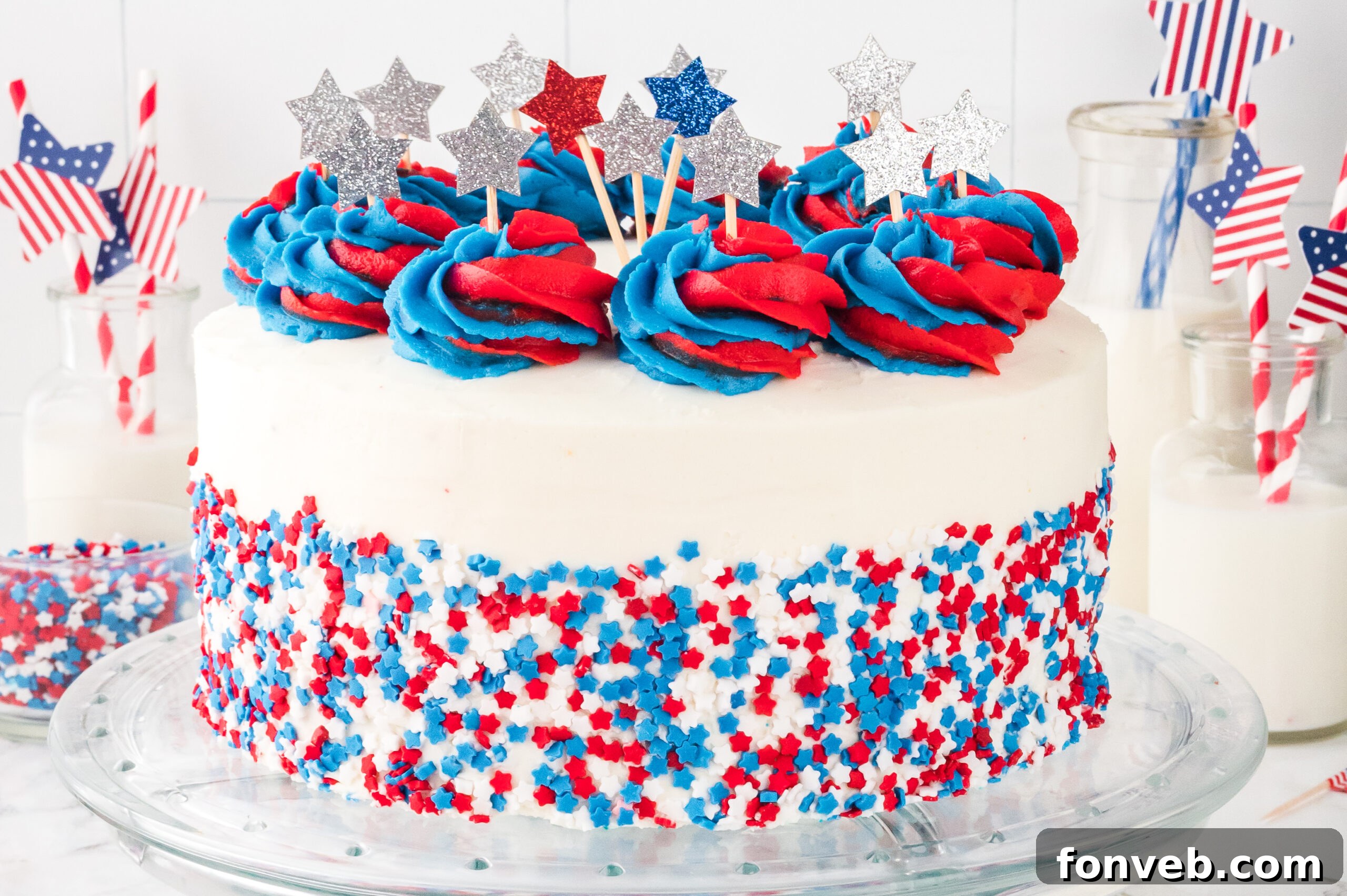 American Flag Layered Cake on a clear cake platter