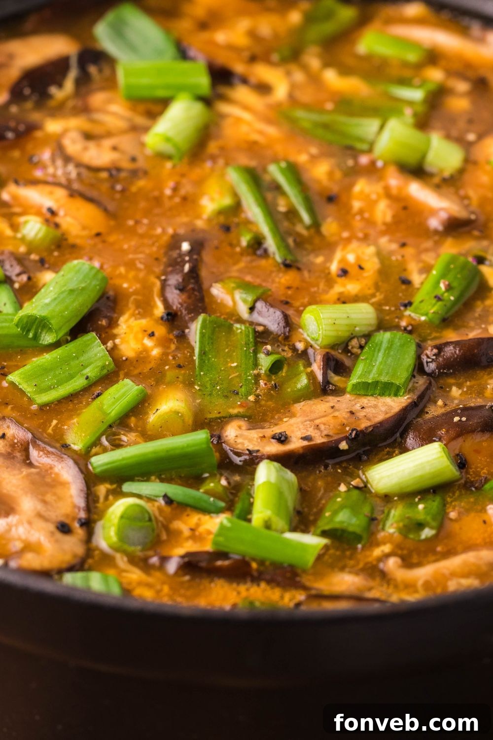 PF Chang's Fiery & Tangy Soup 12 close up of PF Changs Hot And Sour Soup in pan on table