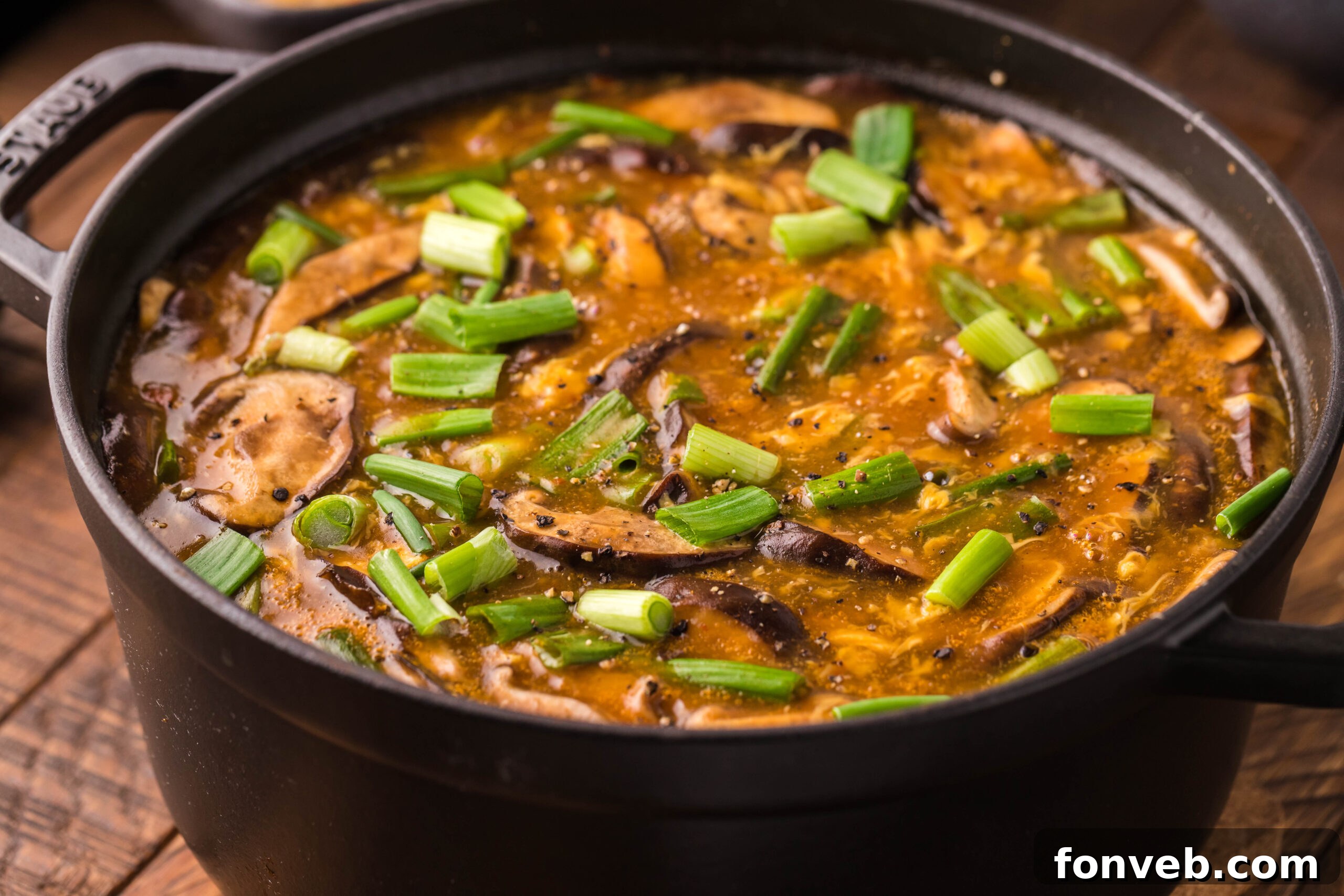 PF Chang's Fiery & Tangy Soup 4 side view of PF Changs Hot And Sour Soup in a big pot