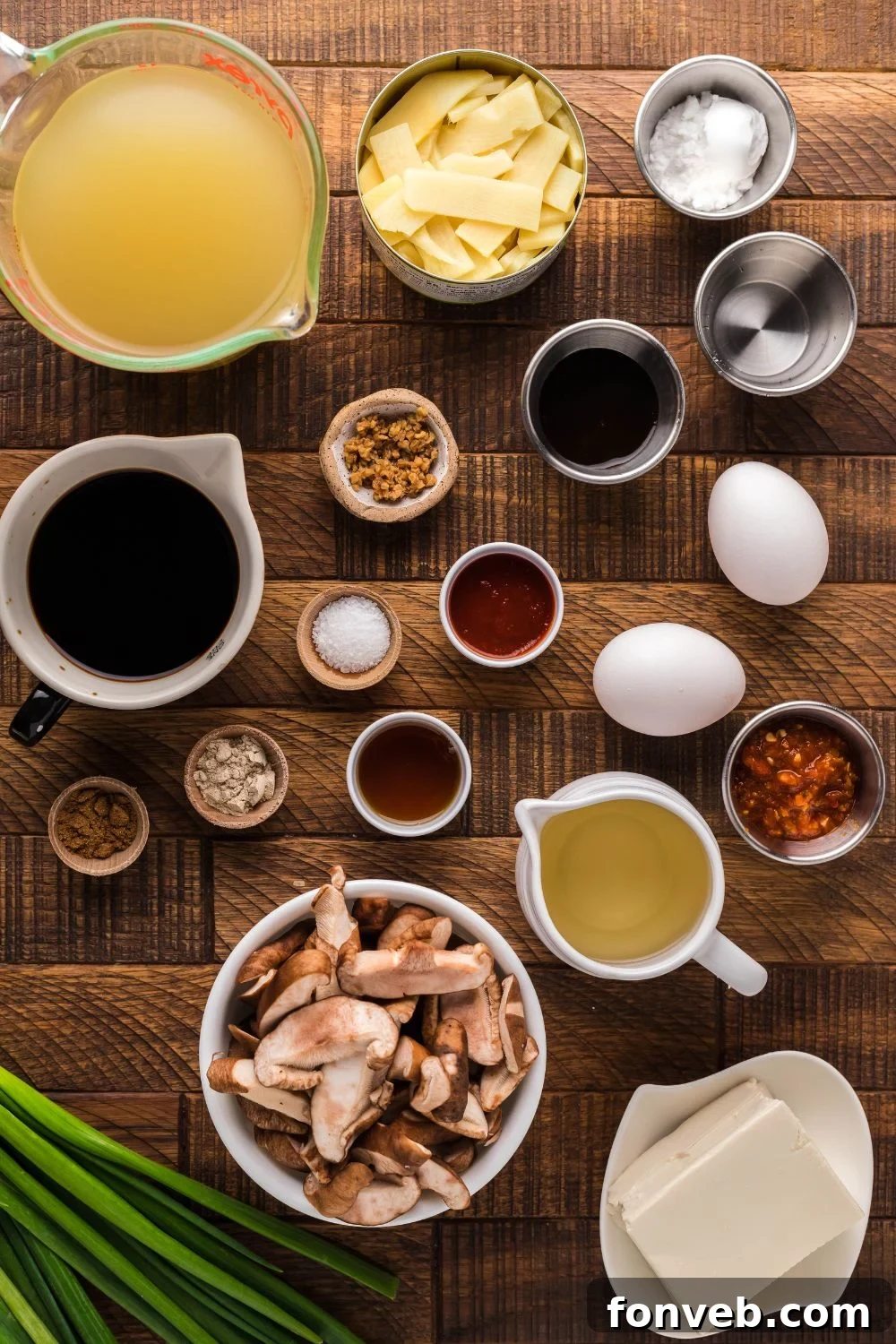 PF Chang's Fiery & Tangy Soup 6 hot & sour soup ingredients in bowls on table