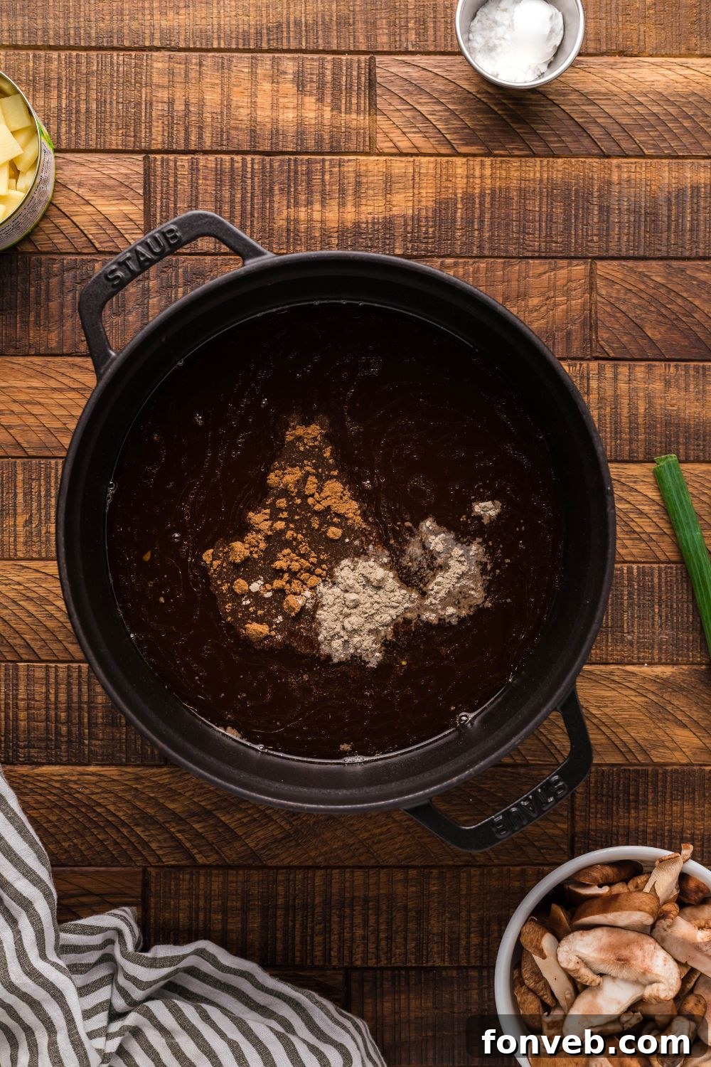 PF Chang's Fiery & Tangy Soup 7 broth and spices in a pot for PF Changs Hot And Sour Soup