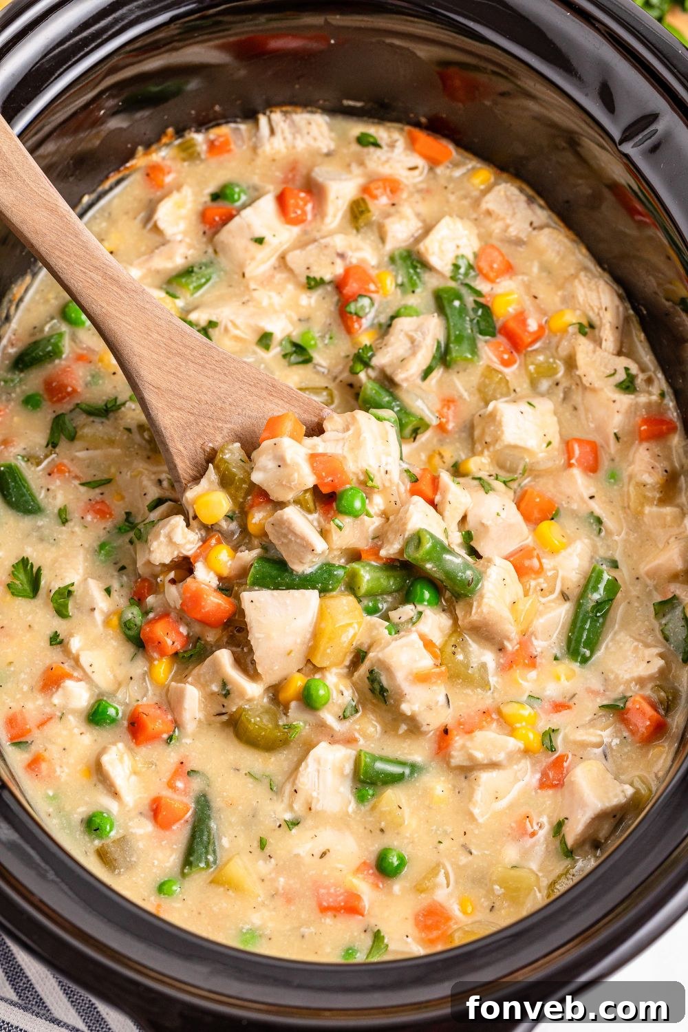Easy Slow Cooker Chicken Pot Pie 6 overhead look of Slow Cooker Chicken Pot Pie