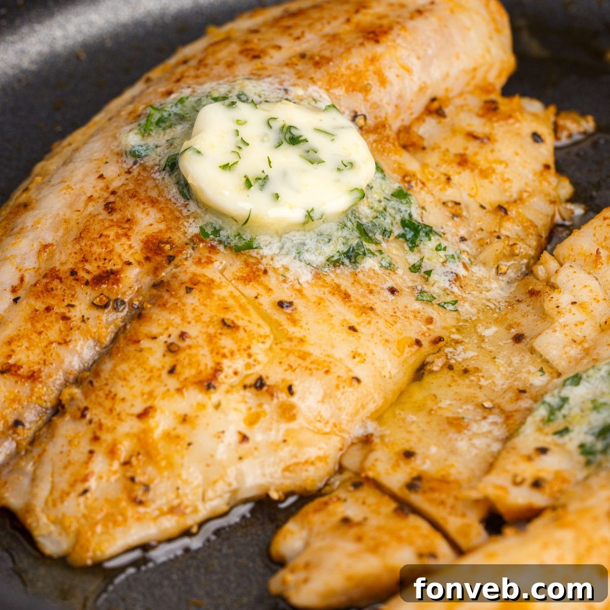 Golden Pan-Seared Tilapia 2 Pan Fried Tilapia in skillet with lemon butter on top
