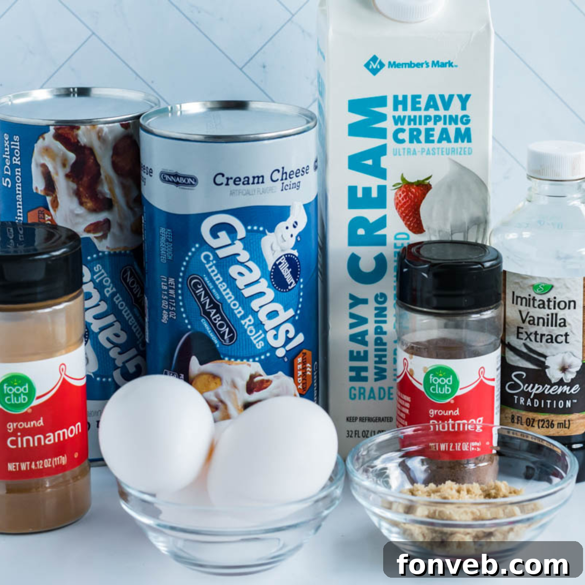 All ingredients needed to make Crock Pot Cinnamon Roll Casserole