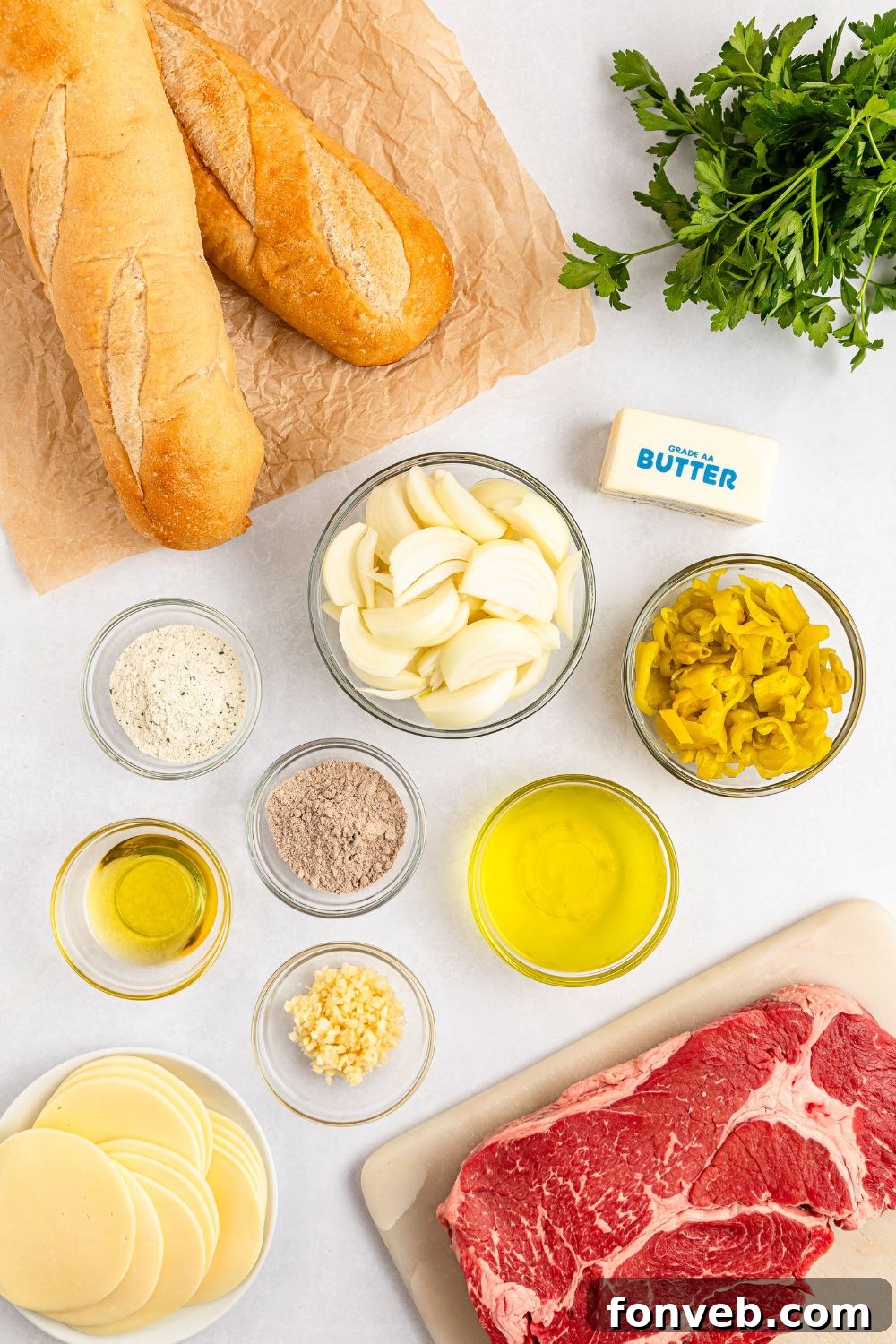 Ultimate Mississippi Pot Roast Sandwiches 9 Ingredients for Mississippi pot roast sandwiches on table in single serve bowls