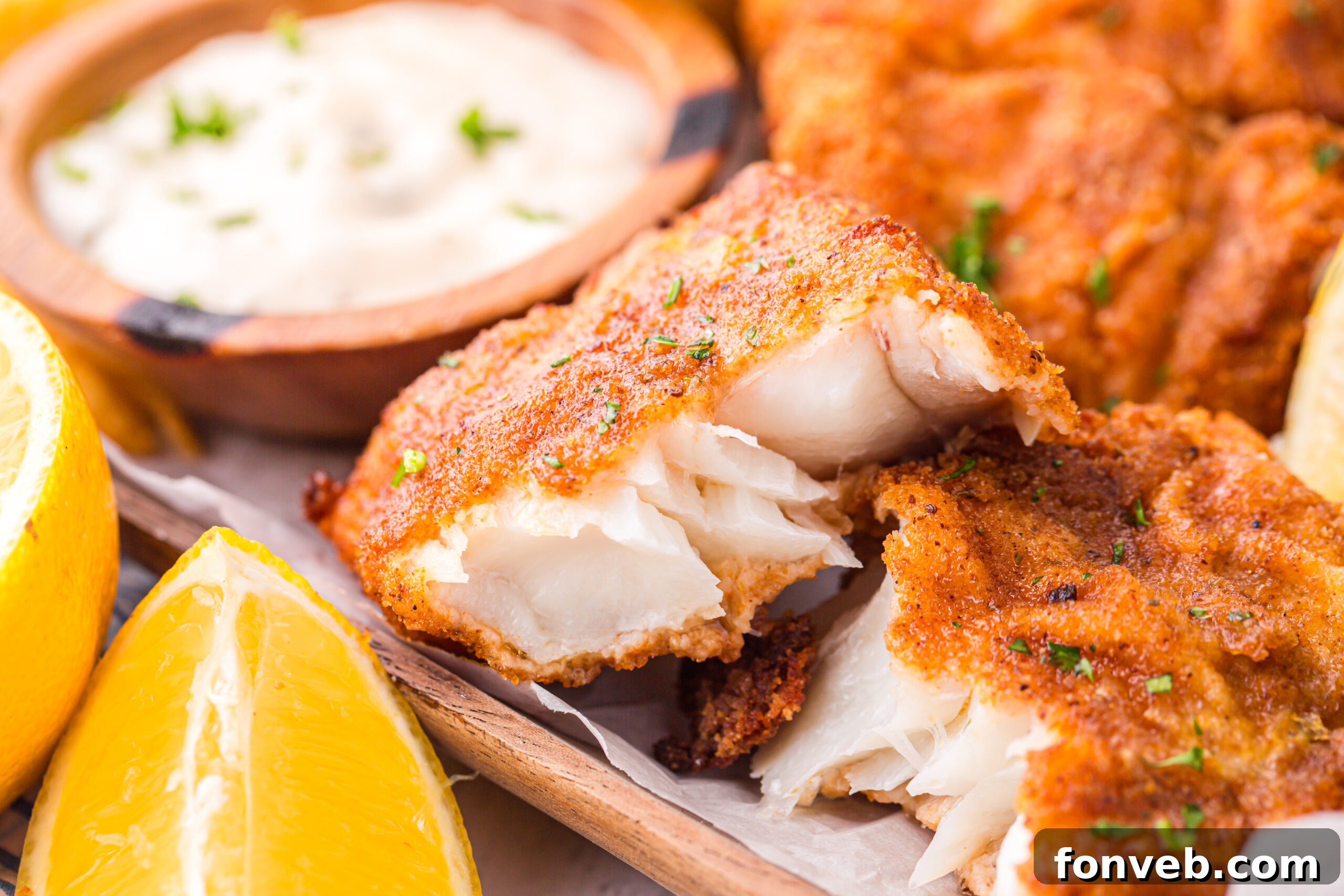 Crispy Air-Fried Fish and Chips 15 Up close shot of the Air Fryer Fish And Chips on a platter cut open so you can see the inside