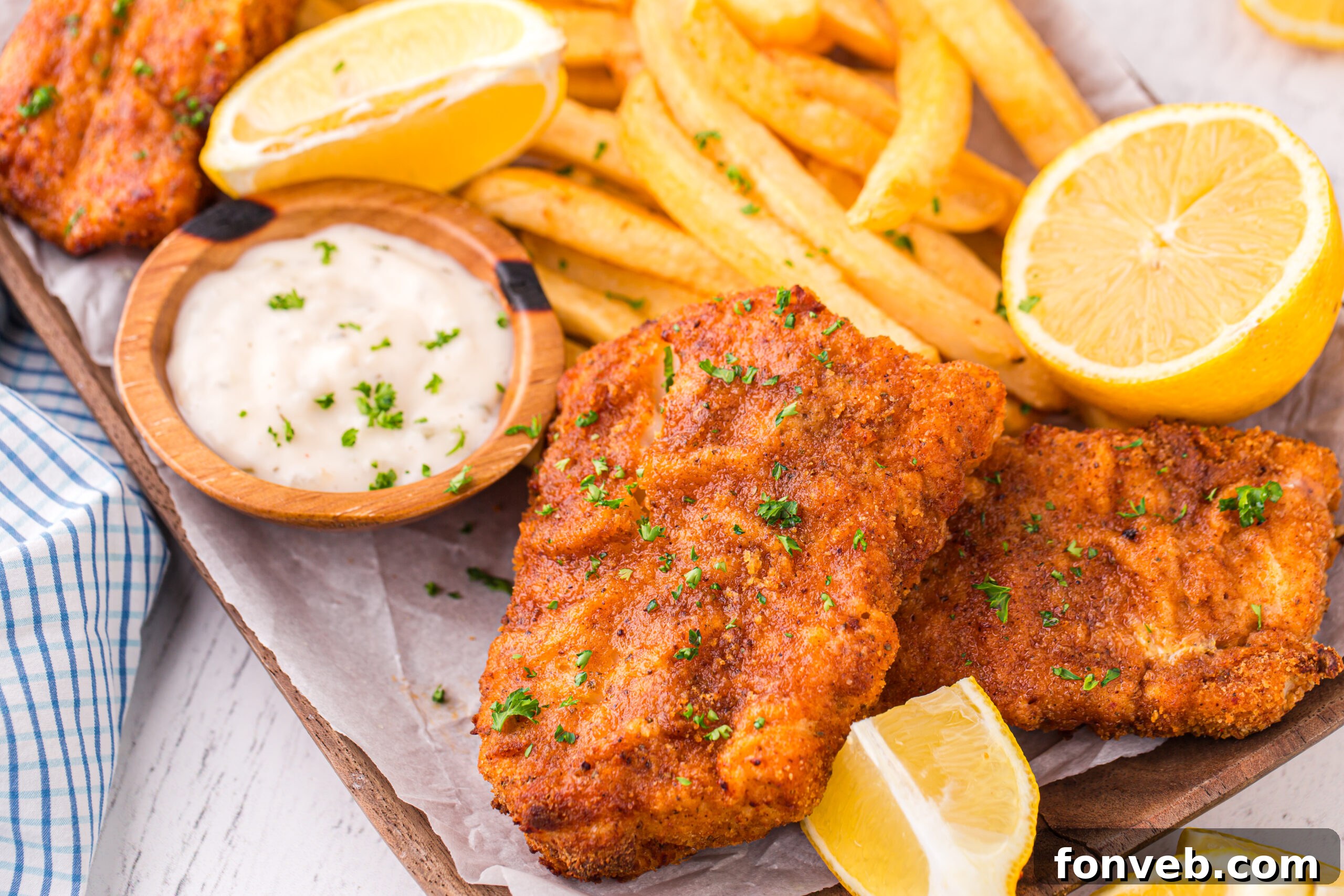 Crispy Air-Fried Fish and Chips 18 Up close shot of the Air Fryer Fish And Chips on a platter with fries and lemon wedges and tartar sauce on side