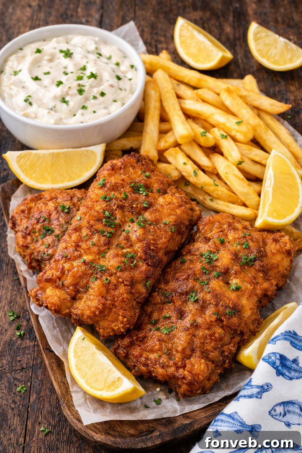 Crispy Air-Fried Fish and Chips 3 Up close shot of the Air Fryer Fish And Chips on a platter with fries and lemon wedges and tartar sauce on side