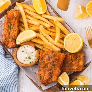 Crispy Air-Fried Fish and Chips 21 Air Fryer Fish And Chips on a platter with fries and lemon wedges and tartar sauce on side