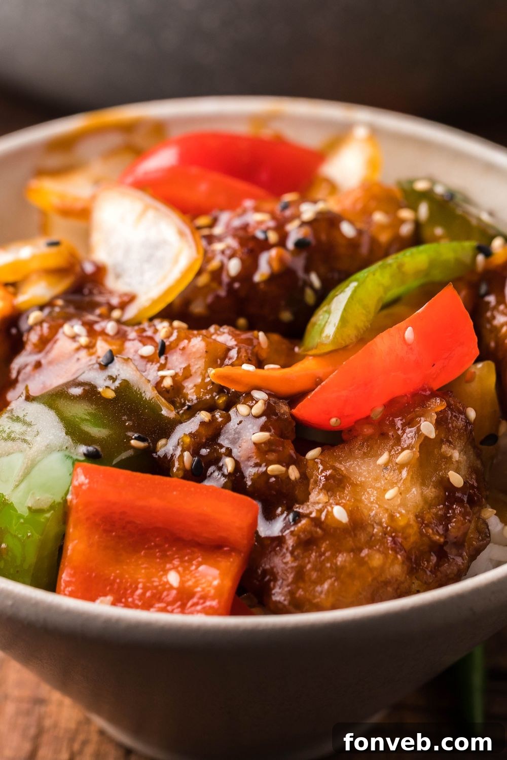 A perfectly portioned bowl of General Tso Chicken, ready to be served.