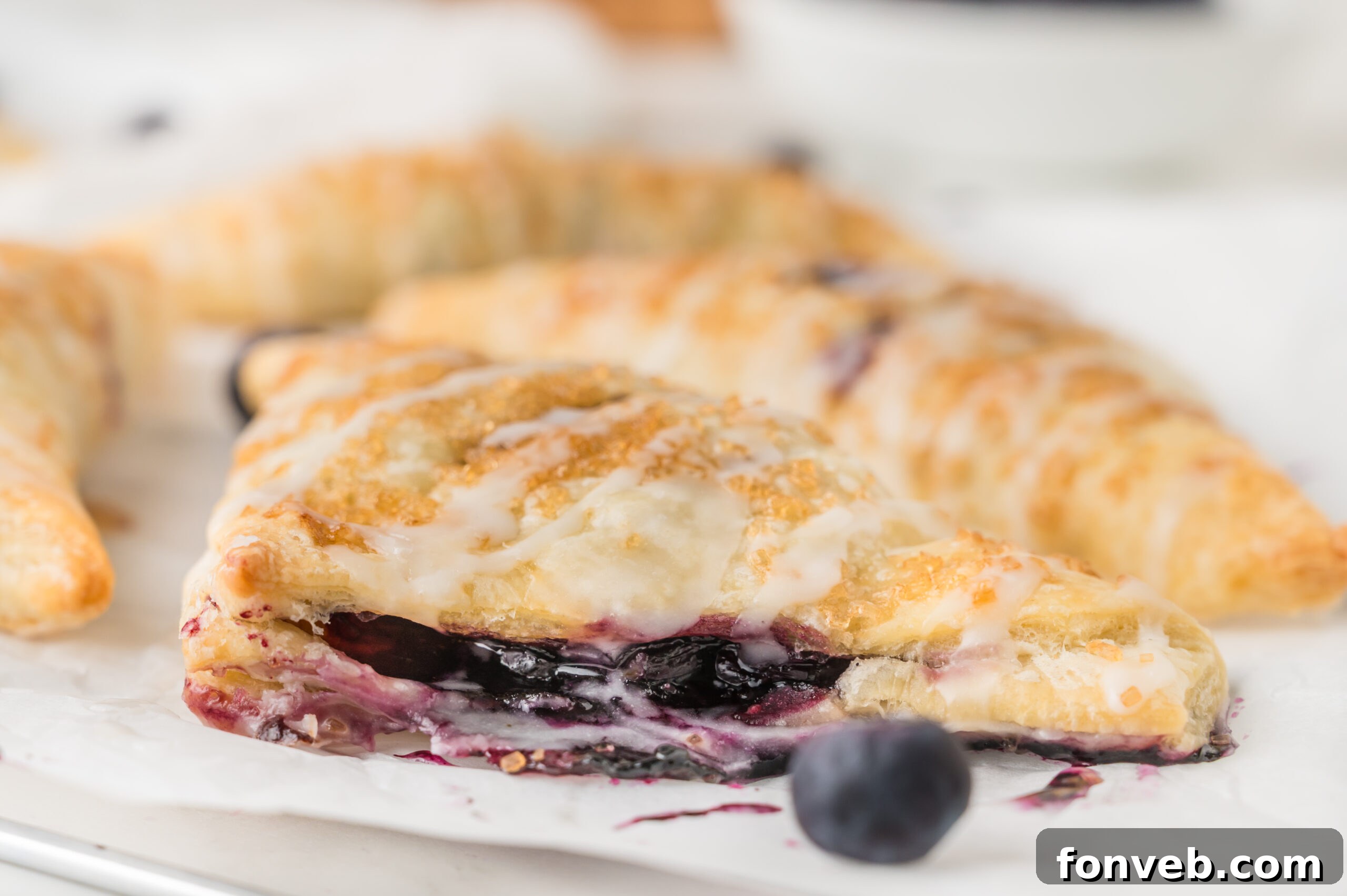 A side profile of blueberry turnovers artfully arranged on a plate, showcasing their inviting golden-brown crust and alluring shape.