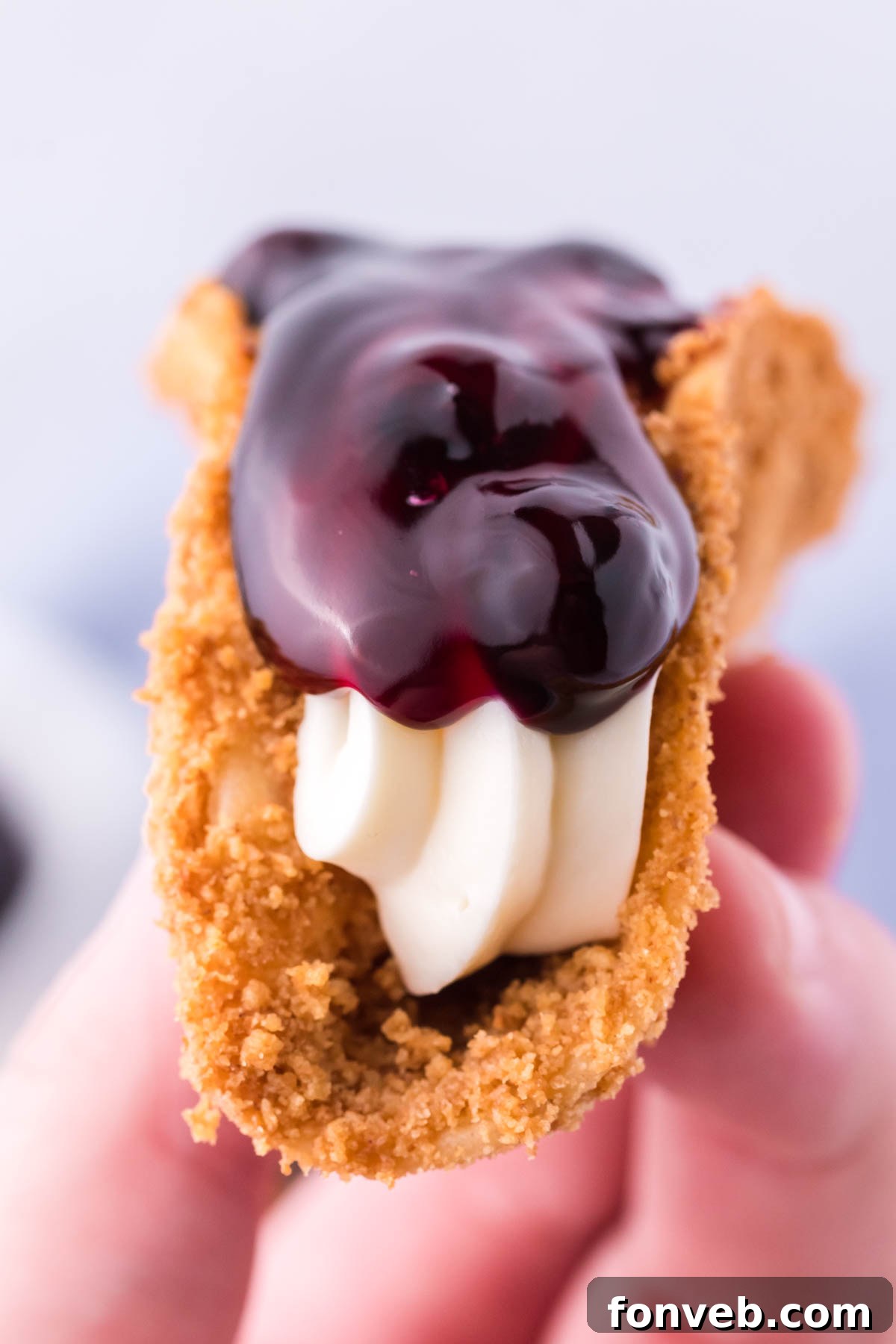 Blueberry Cheesecake Taco Twist 4 Close up of the blueberry cheesecake tacos showing all of the layers.