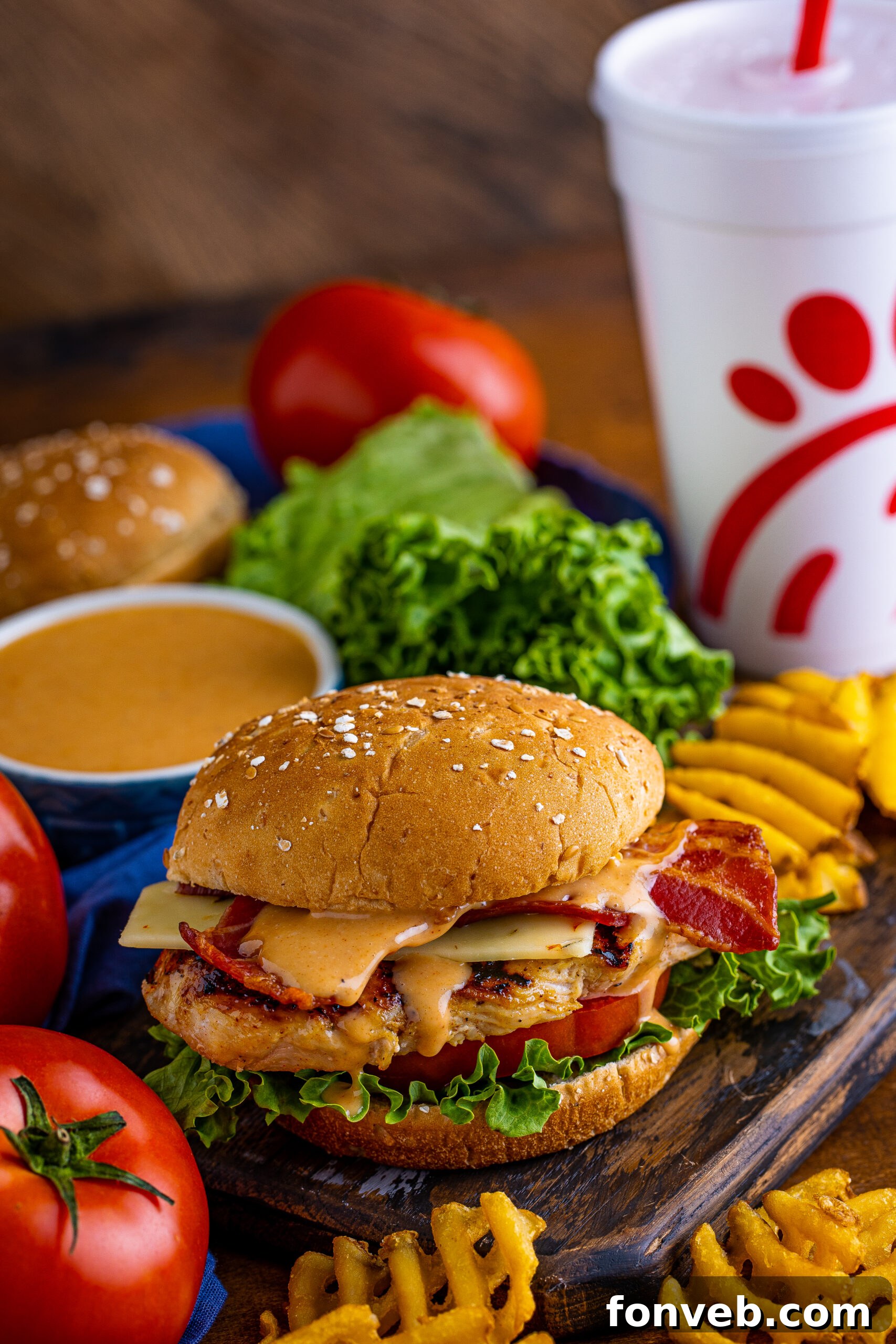 A delicious Chick-fil-A style grilled chicken sandwich on a cutting board, ready to be served.
