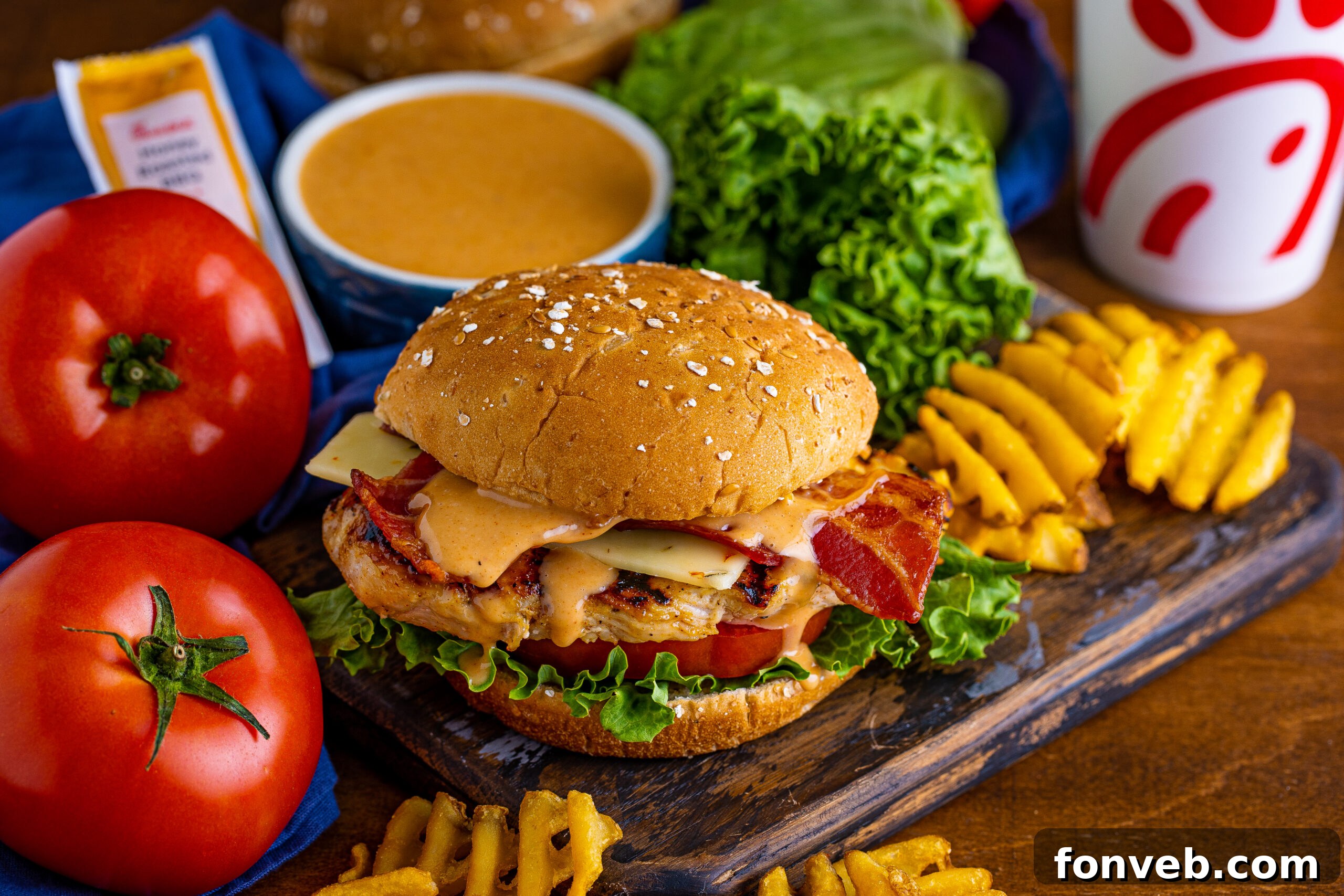 A delicious homemade grilled chicken sandwich with all the fixings, perfect for a backyard barbecue.
