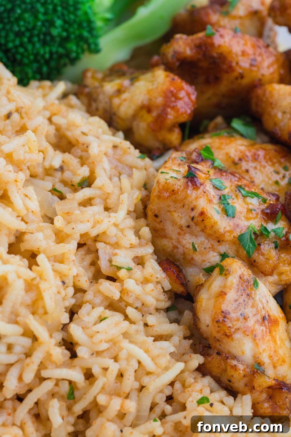 pile of rice on plate with chicken to the side of it
