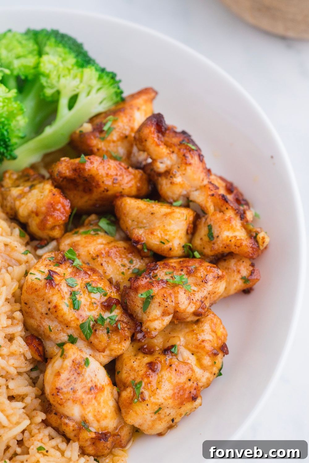 close up view of Garlic Butter Chicken Bites on table